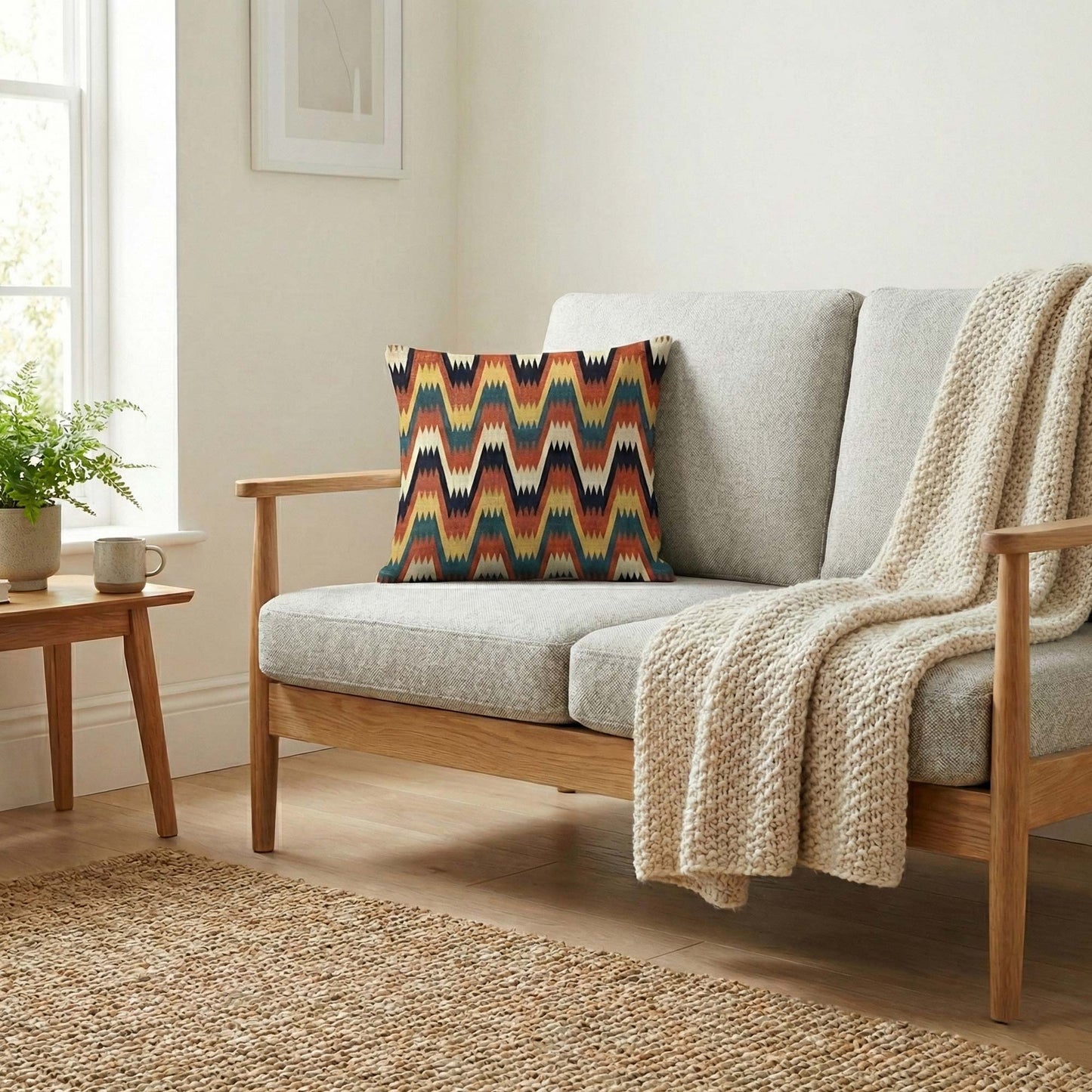 Swedish folk zigzag cushion cover on a light grey sofa with a cream knit blanket, a jute rug, and a potted fern in a Scandinavian living room.