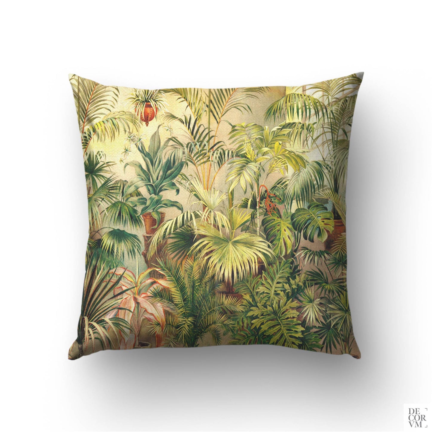 Victorian conservatory botanical throw pillow cover — 19th-century glasshouse illustration with palms, ferns, and tropical foliage by Decorvm.