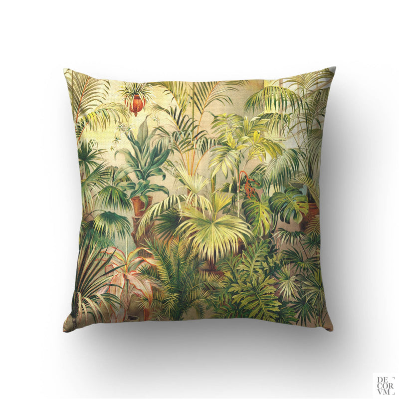 Victorian conservatory botanical throw pillow cover — 19th-century glasshouse illustration with palms, ferns, and tropical foliage by Decorvm.