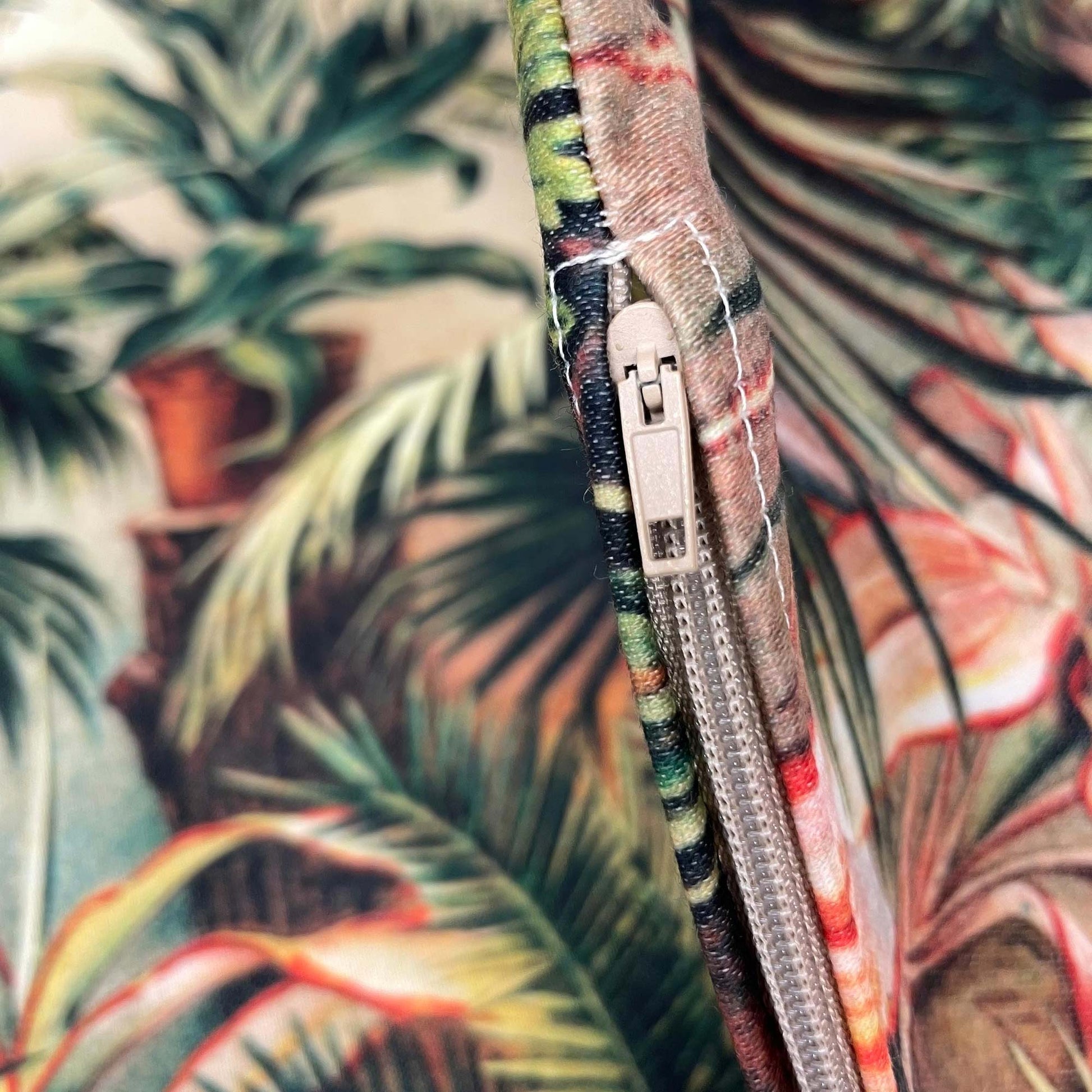 Hidden zipper closure on the Victorian conservatory botanical pillow cover.