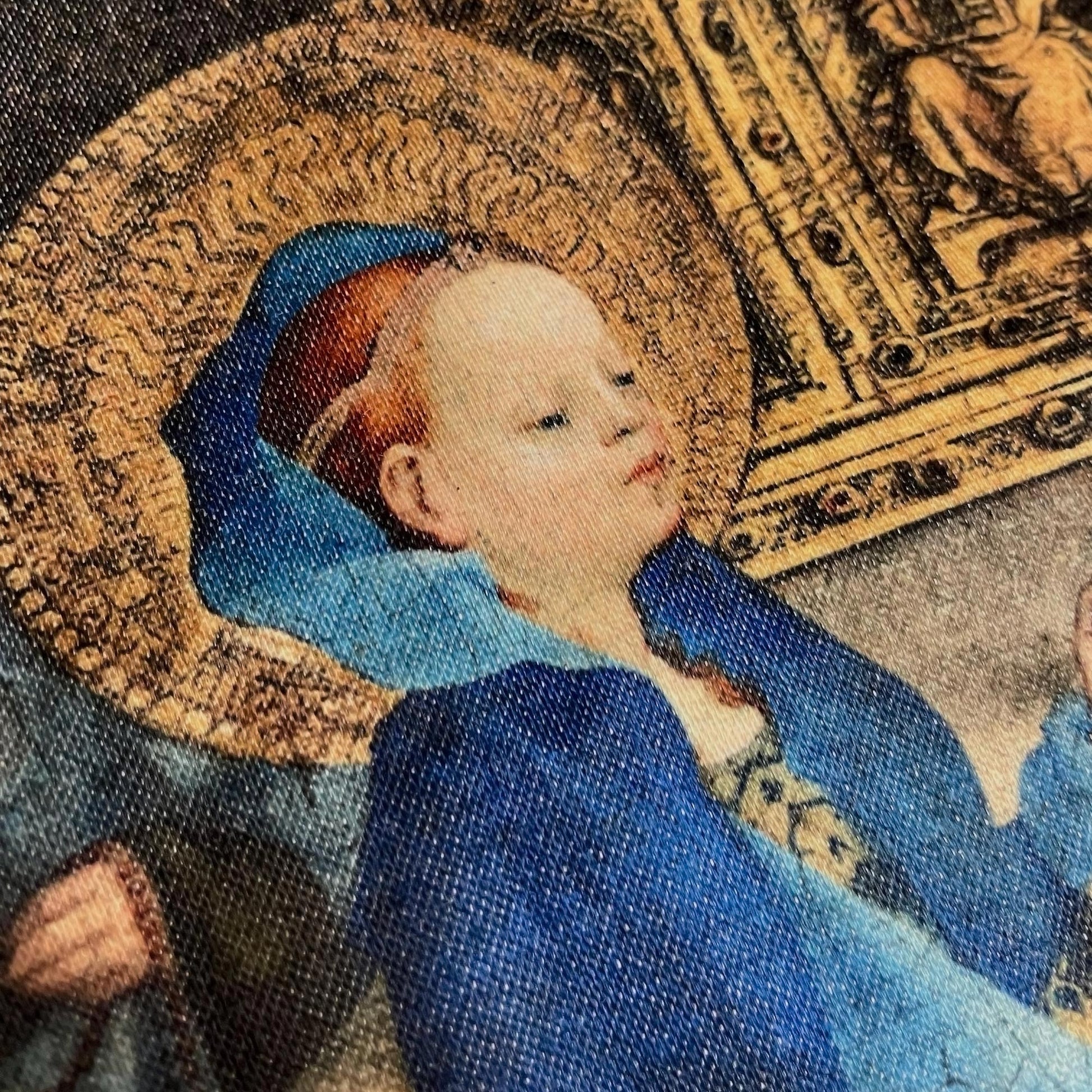 Macro of the Virgin's golden halo and blue mantle — painting detail from Stefan Lochner's 1447 Presentation in the Temple.