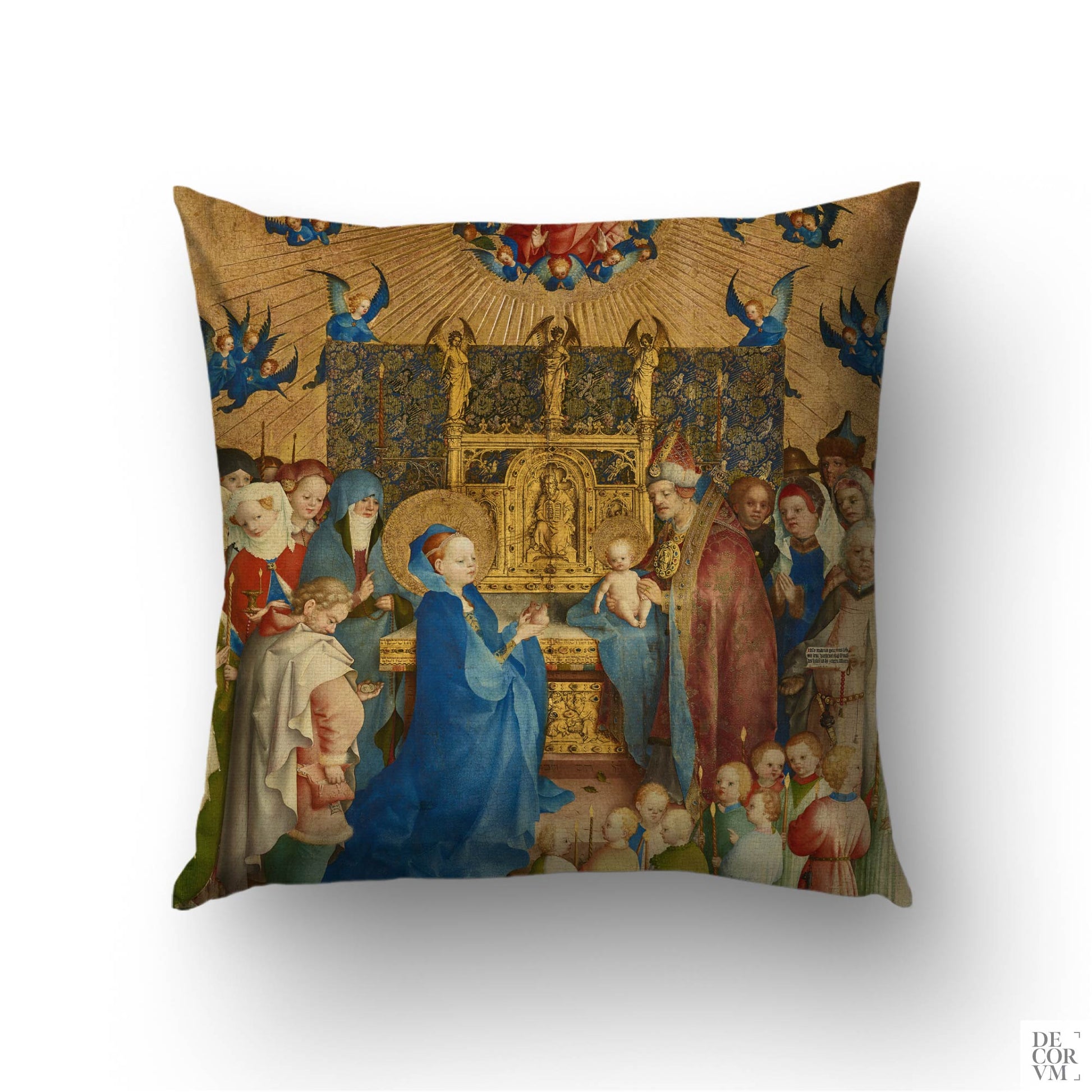 Medieval Virgin Mary cushion cover — after Stefan Lochner's 1447 Presentation in the Temple, gold ground with blue mantle by Decorvm.