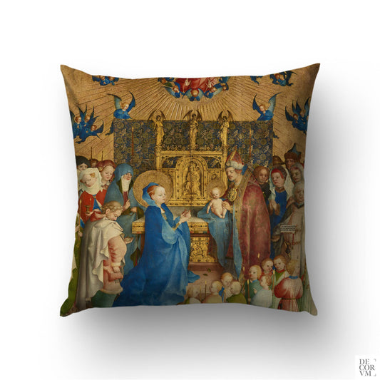 Medieval Virgin Mary cushion cover — after Stefan Lochner's 1447 Presentation in the Temple, gold ground with blue mantle by Decorvm.
