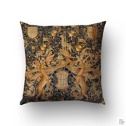Medieval Heraldry cushion cover featuring noble stags and the Lord Dynham coat of arms on a dark botanical background — dark academia decor.