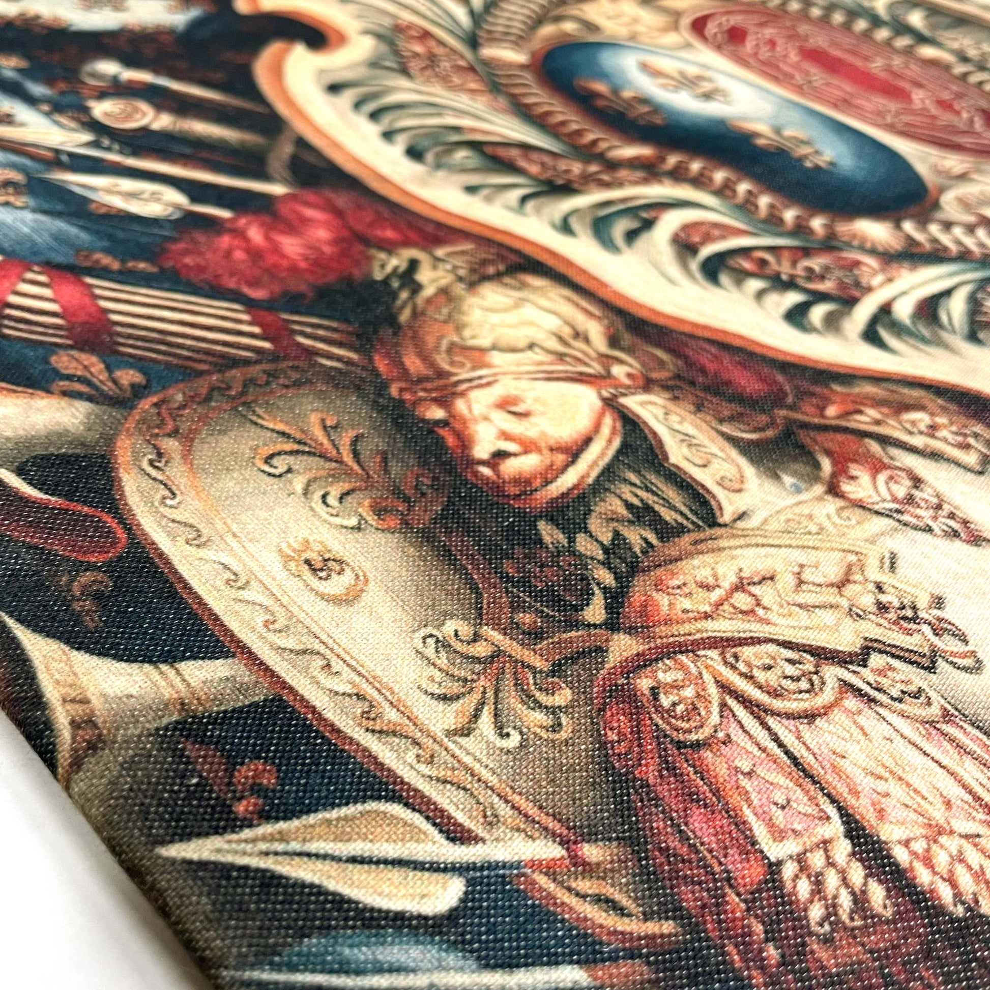 Close-up of a classical knight in armor on the Portière Chariot of Triumph cushion cover — detailed baroque print and rich color palette.