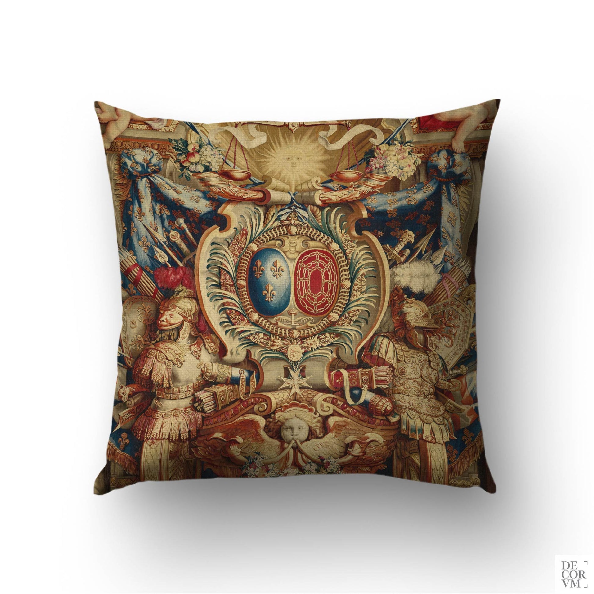 Portière of the Chariot of Triumph cushion cover featuring Charles Le Brun's complete 17th-century French baroque heraldic design.