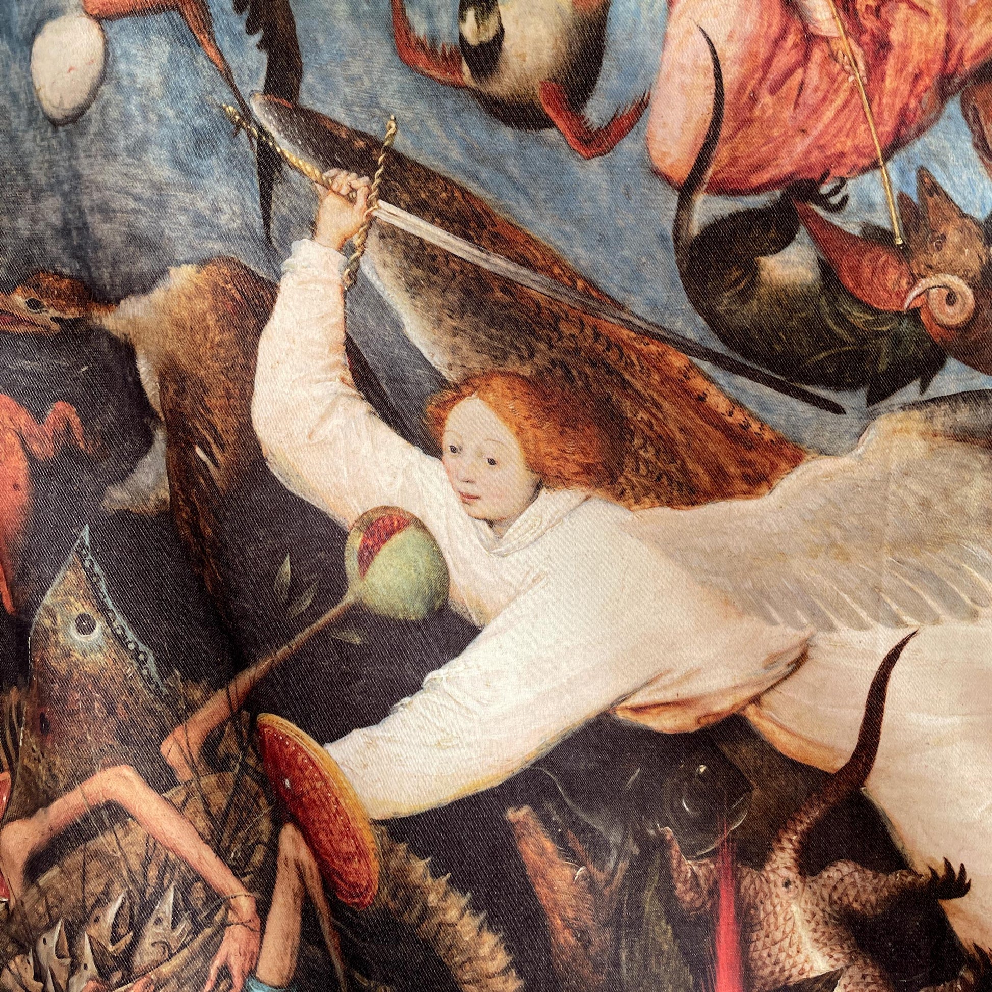 Close-up of a heavenly angel in white robes fighting with a sword — design detail from Bruegel's 1562 Fall of the Rebel Angels.