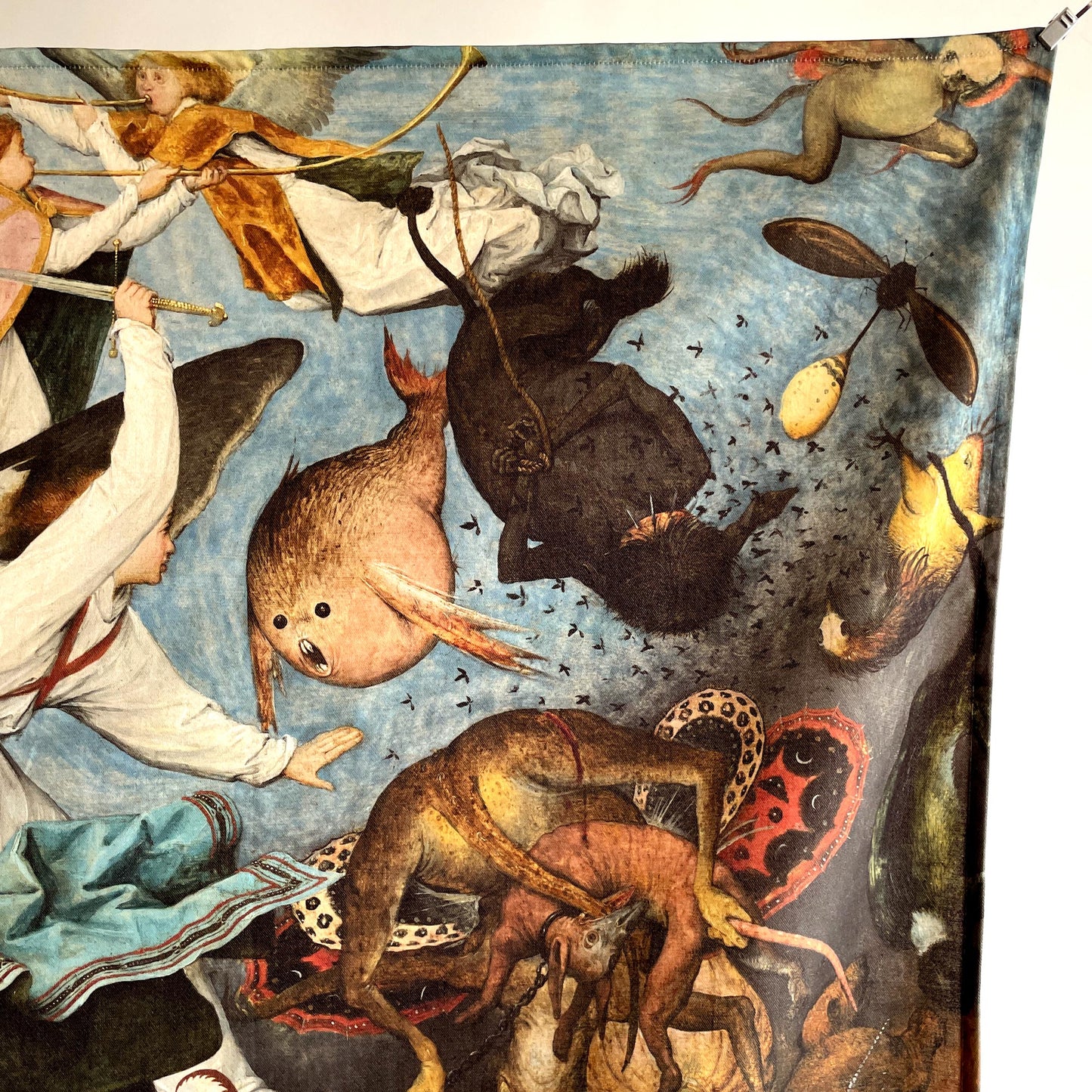 Close-up of falling mythological figures and grotesque creatures — upper-right design detail from Bruegel's Fall of the Rebel Angels.