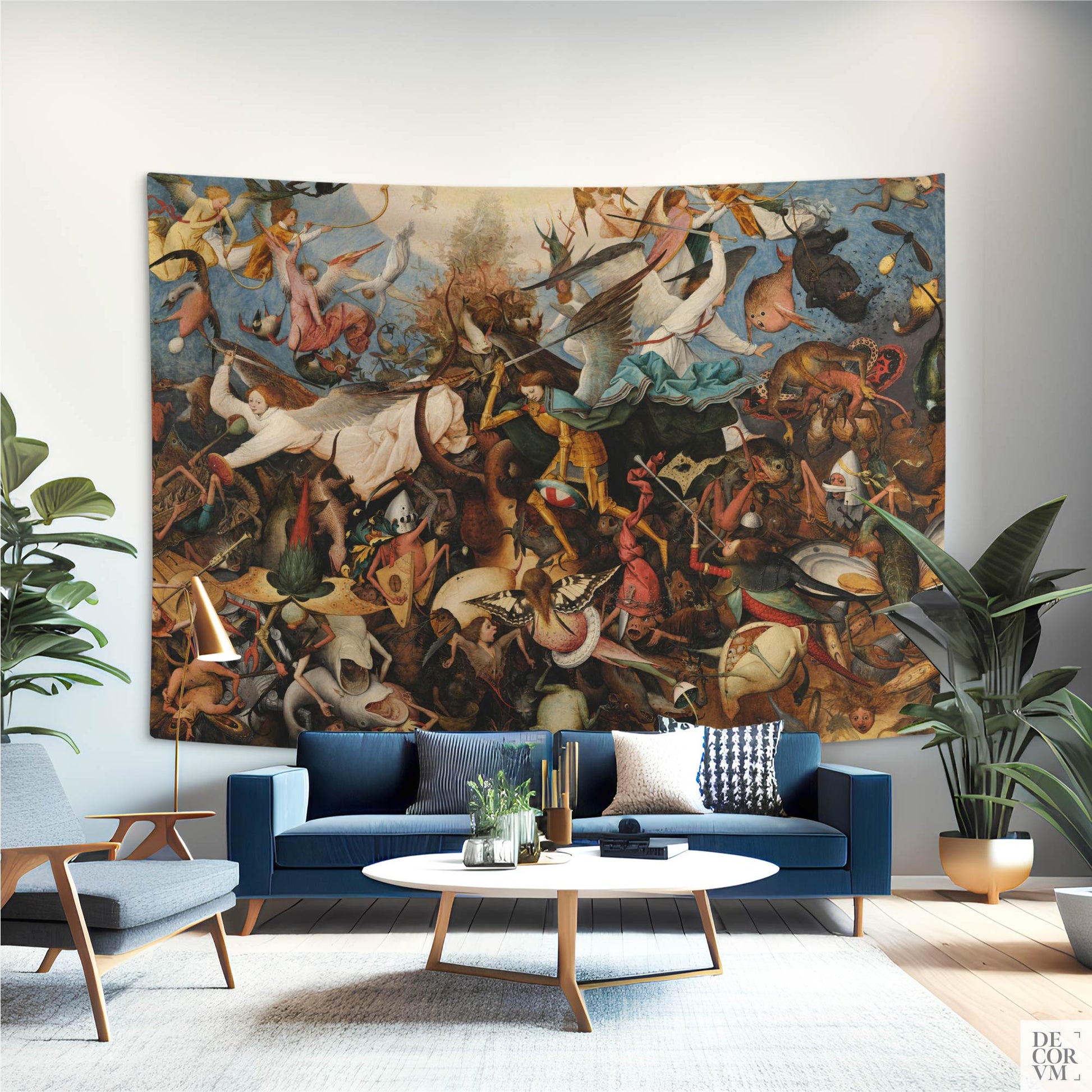 Bruegel Fall of the Rebel Angels wall tapestry behind a blue velvet sofa in a maximalist plant-filled living room.