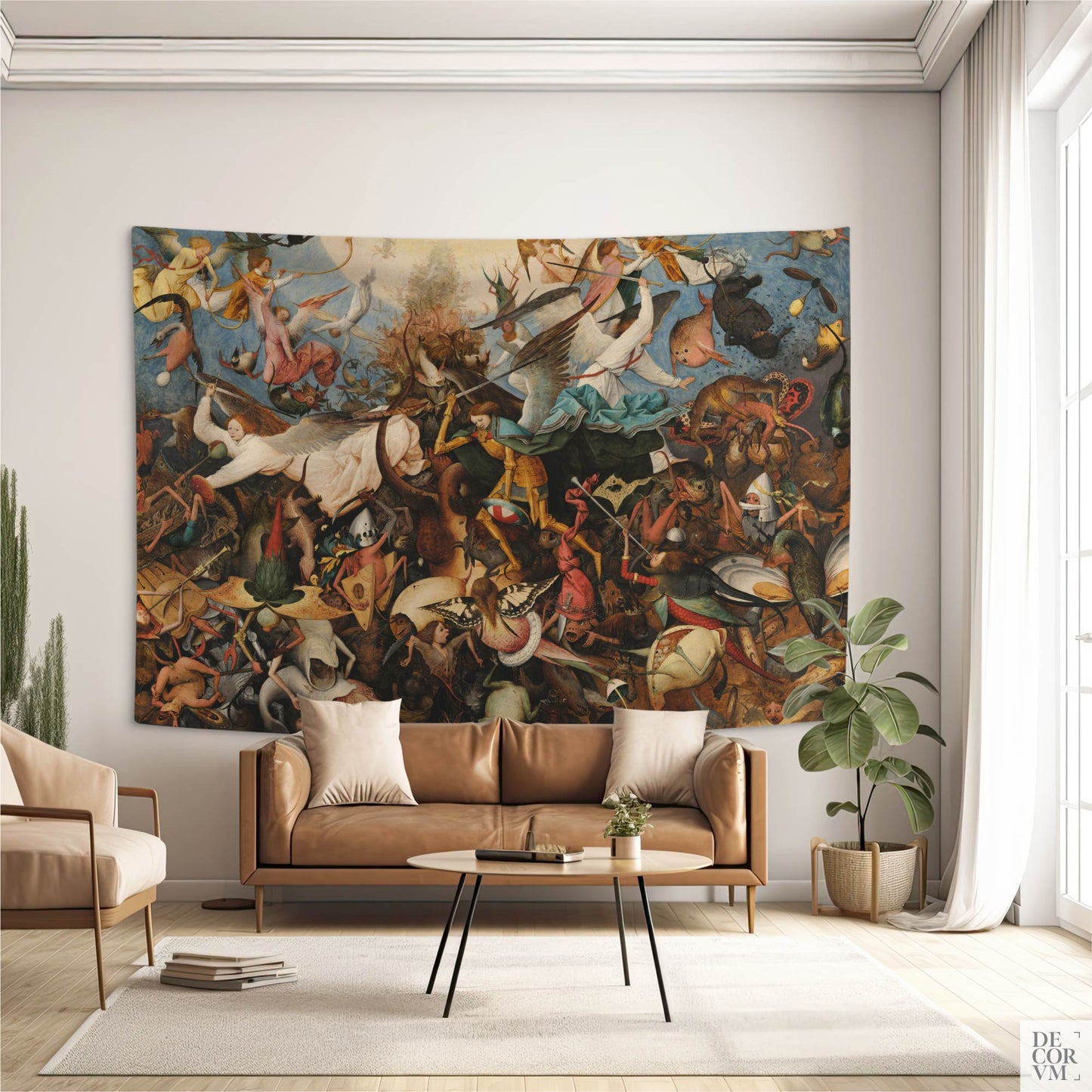 Bruegel Fall of the Rebel Angels wall tapestry styled in a contemporary living room above a brown leather sofa — Northern Renaissance dark academia decor.