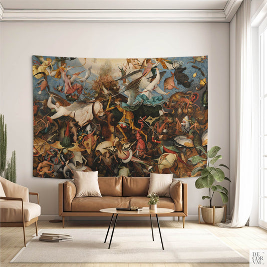 Bruegel Fall of the Rebel Angels wall tapestry styled in a contemporary living room above a brown leather sofa — Northern Renaissance dark academia decor.