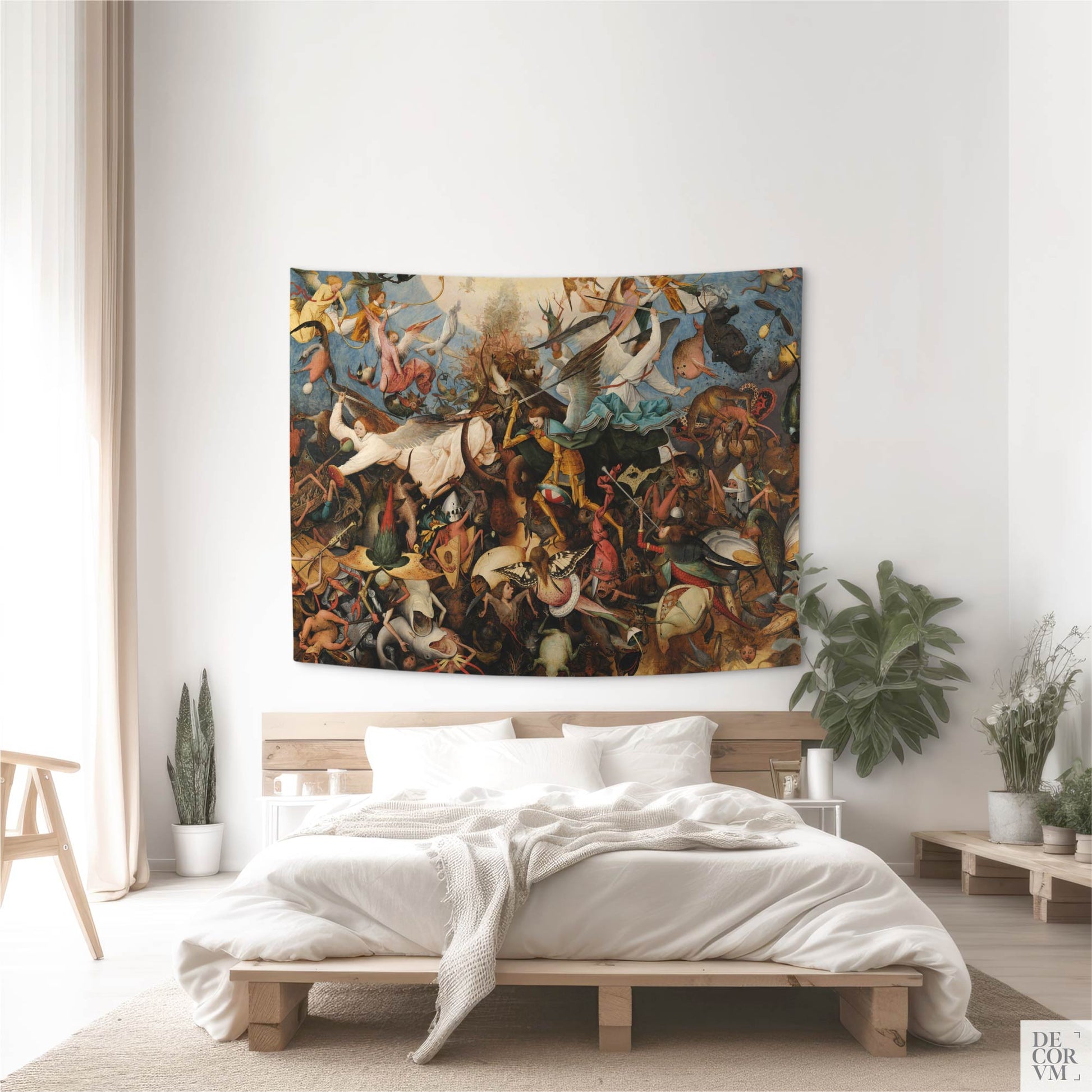 Medium Bruegel Fall of the Rebel Angels tapestry above a wooden platform bed in a minimalist, light-filled bedroom — dark academia wall decor.
