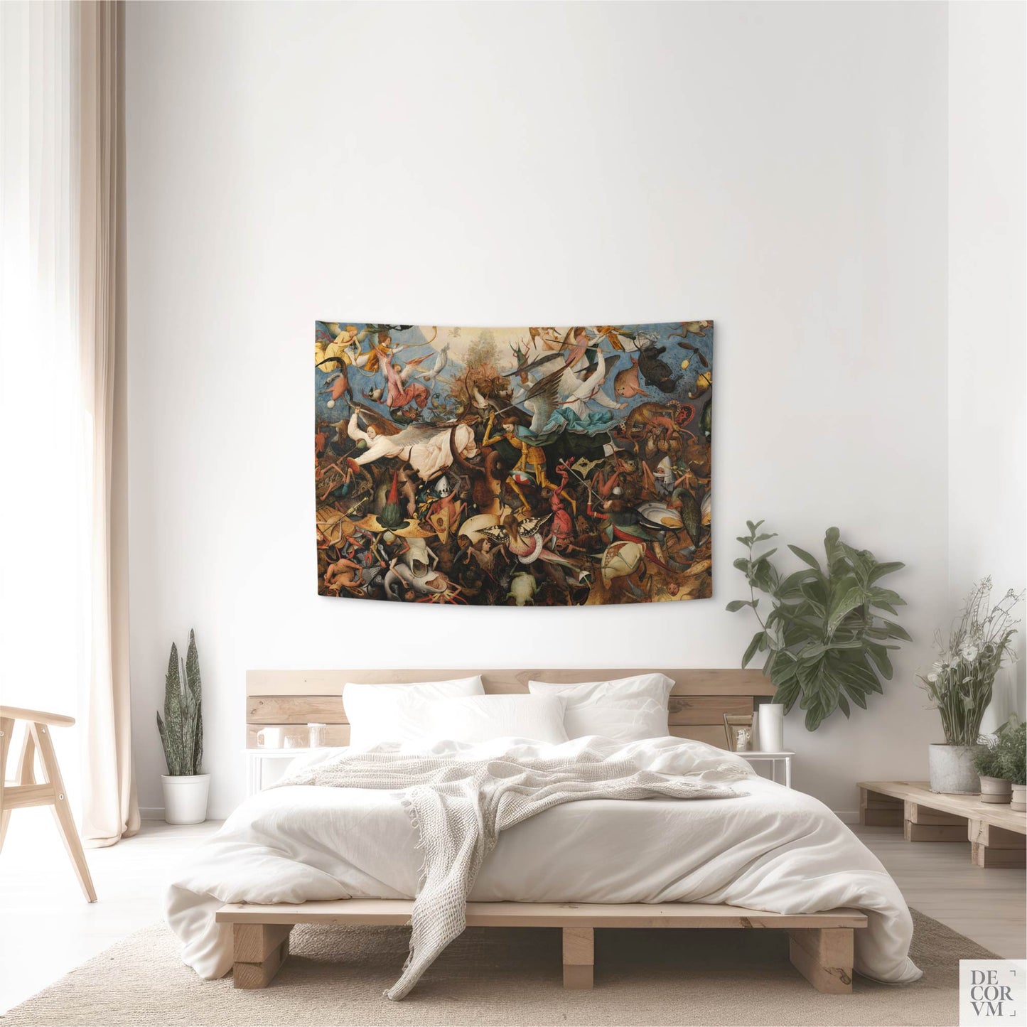 Small Bruegel Fall of the Rebel Angels wall tapestry hung above a minimal wooden bed frame — Northern Renaissance dark academia decor.