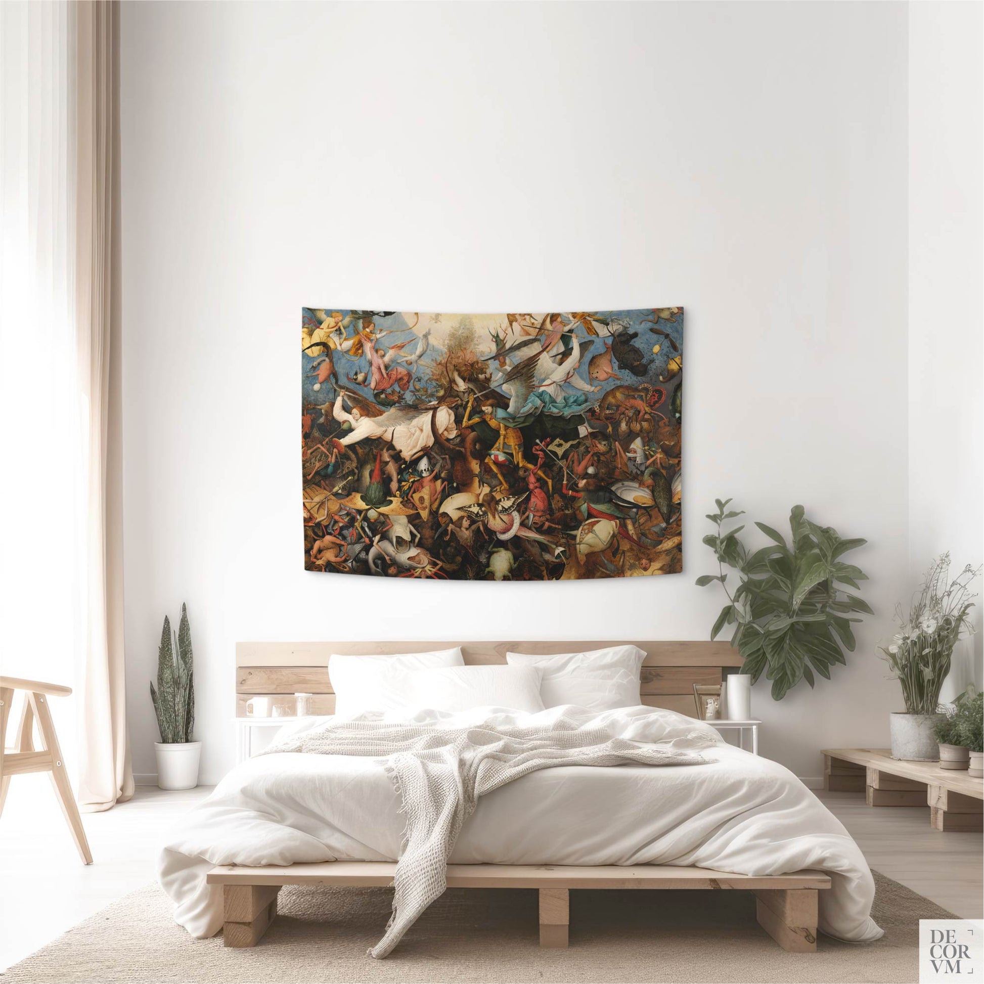 Small Bruegel Fall of the Rebel Angels wall tapestry hung above a minimal wooden bed frame — Northern Renaissance dark academia decor.