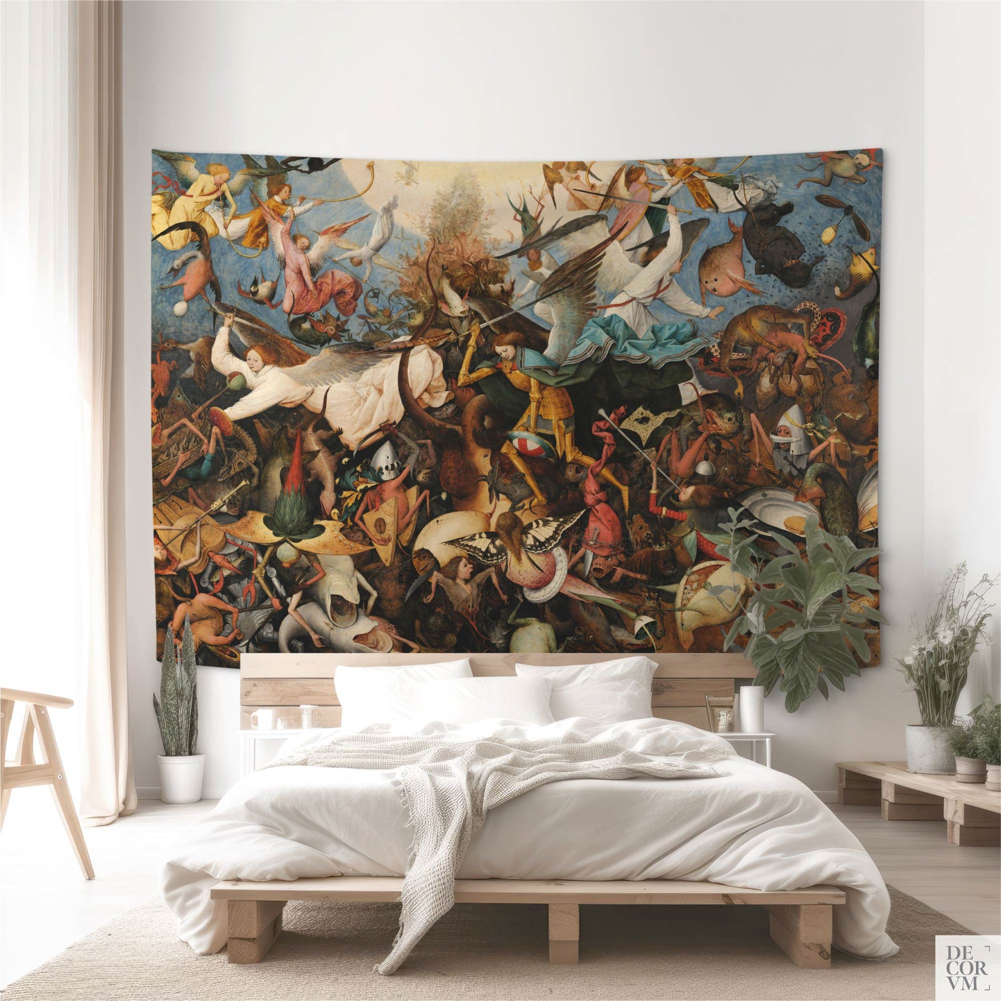 Oversized Bruegel Fall of the Rebel Angels wall tapestry as a dramatic focal point above a platform bed in a serene white bedroom.