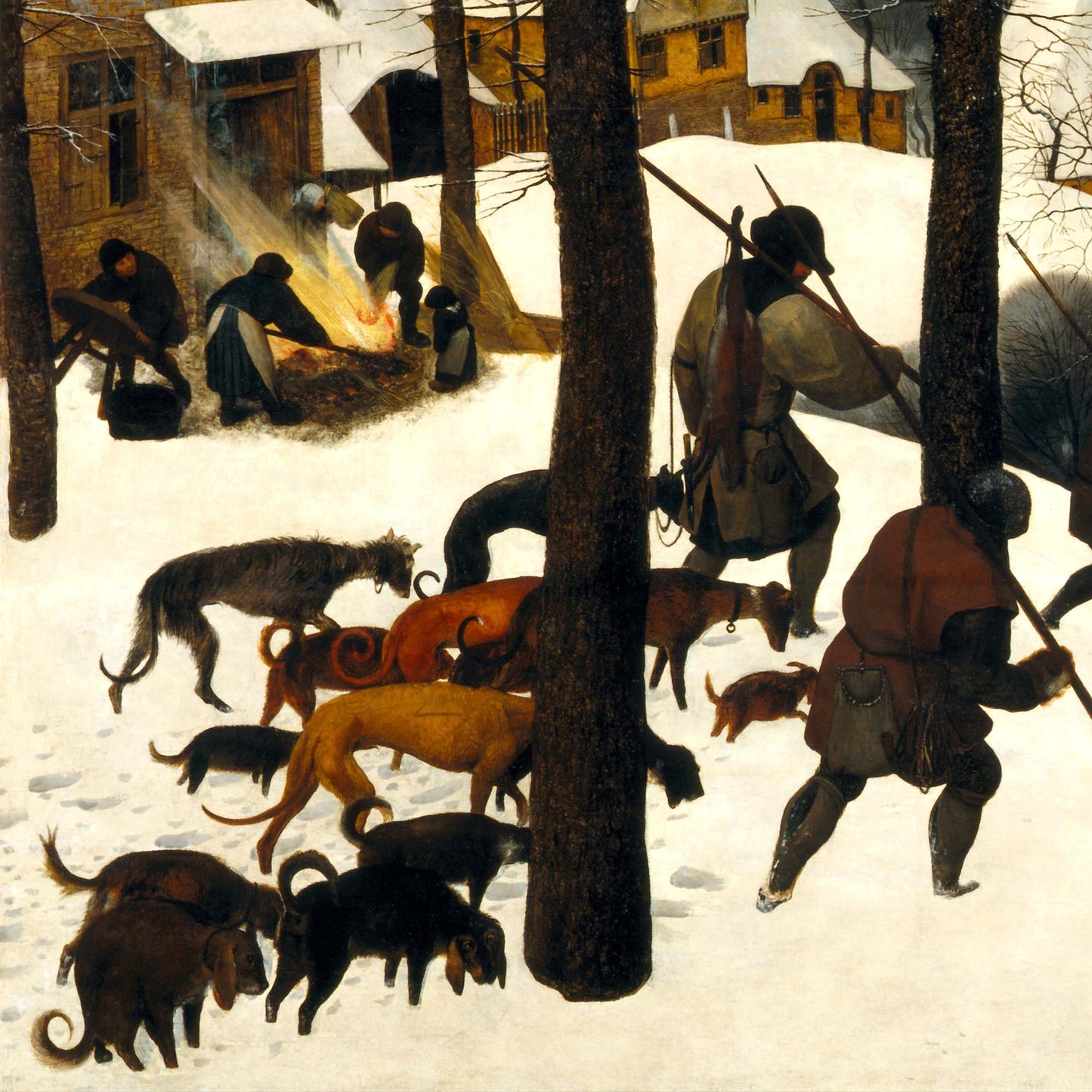 Close-up of hunters and hounds in fresh snow, villagers warming by a fire—Bruegel “Hunters in the Snow” wall tapestry detail.