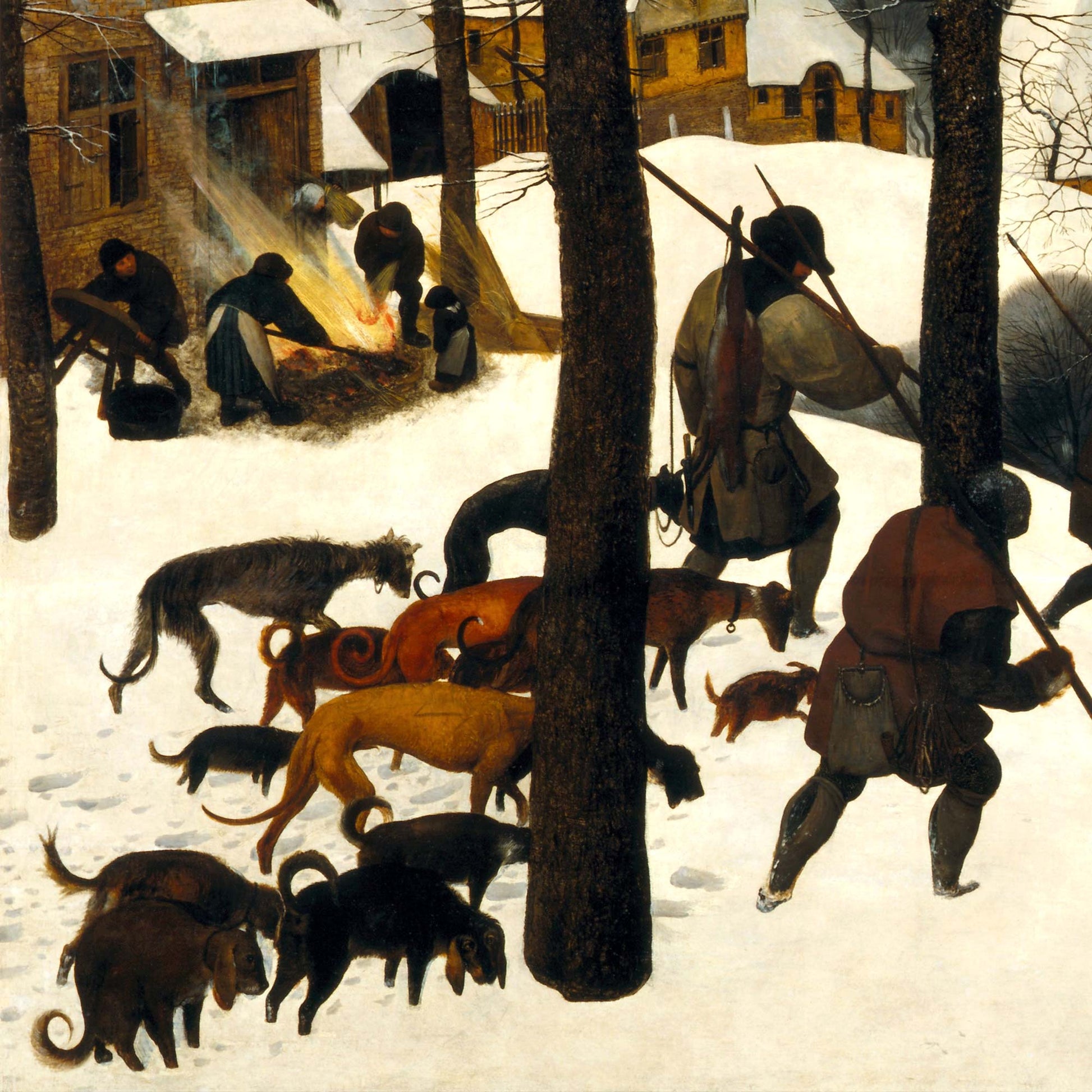 Close-up of hunters and hounds in fresh snow, villagers warming by a fire—Bruegel “Hunters in the Snow” wall tapestry detail.