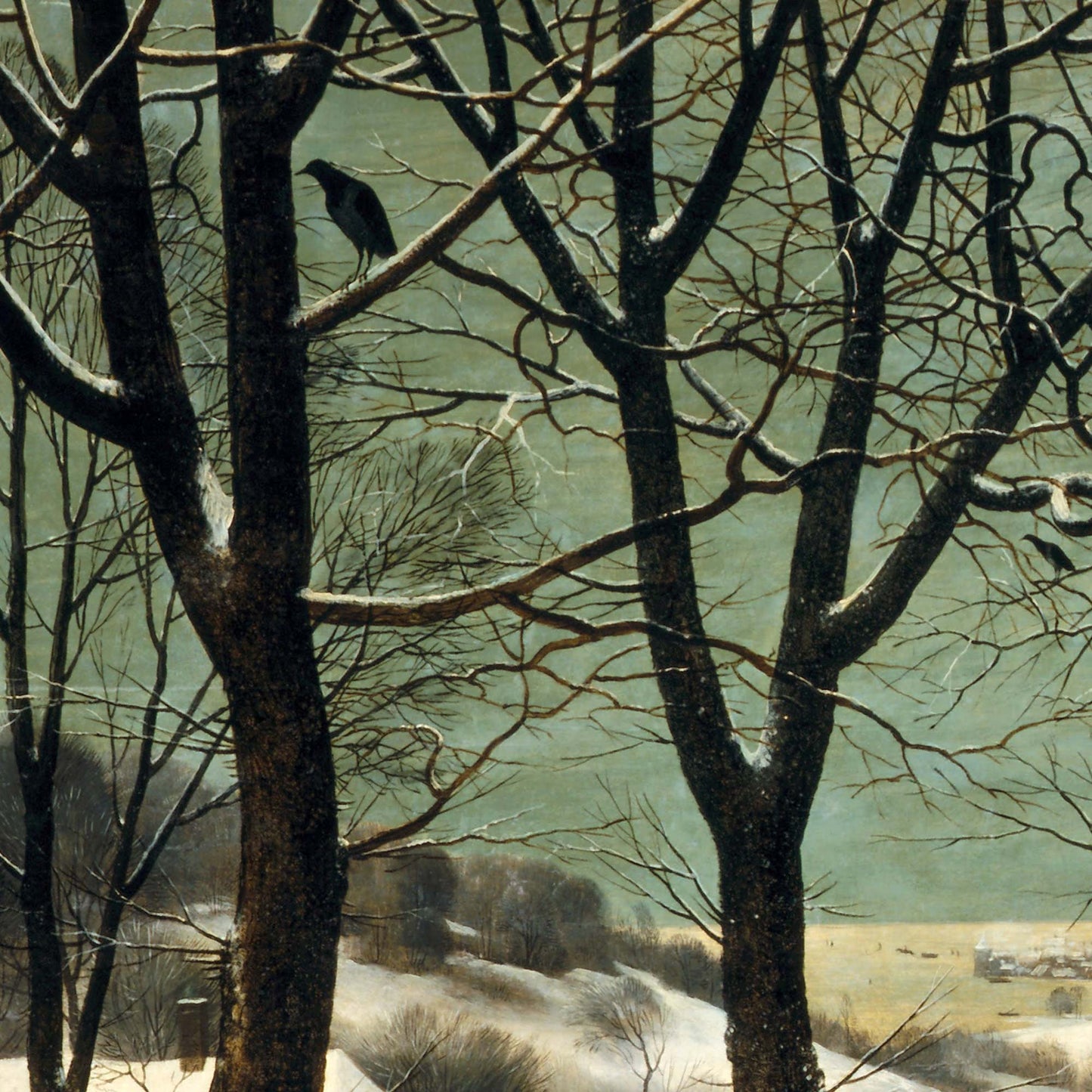 Snow-dusted tree trunks and branching silhouettes against a sage winter sky—detail from Bruegel’s “Hunters in the Snow” tapestry.