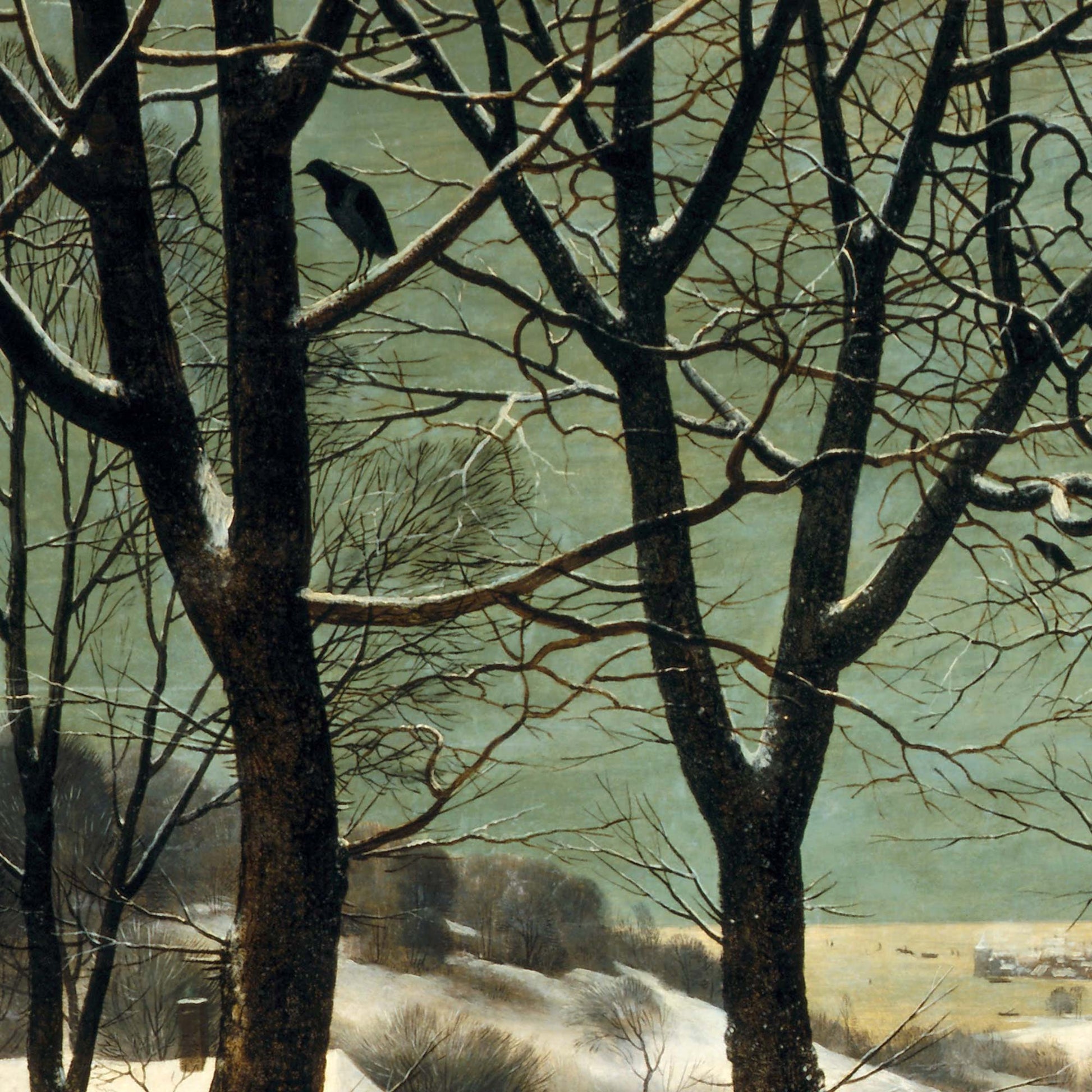 Snow-dusted tree trunks and branching silhouettes against a sage winter sky—detail from Bruegel’s “Hunters in the Snow” tapestry.