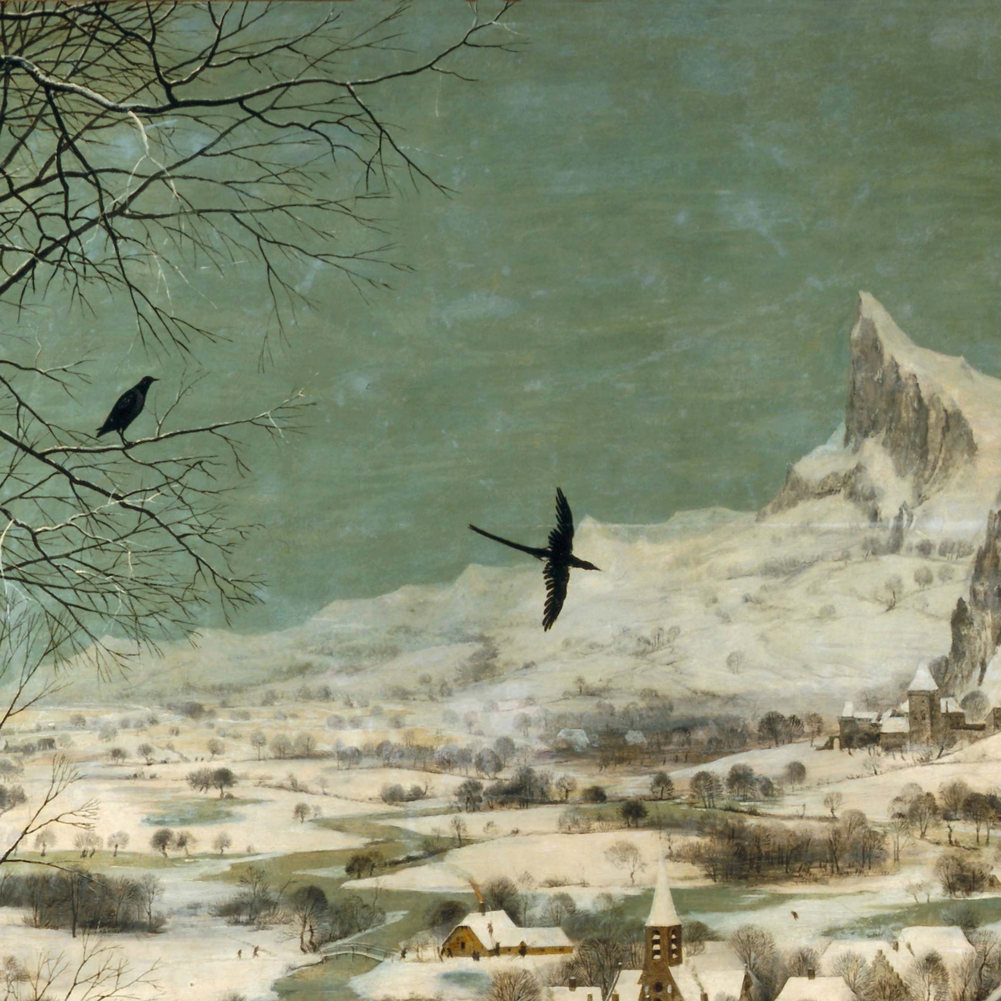 Magpie in flight above snowy mountains and valley village—Northern Renaissance landscape detail from “Hunters in the Snow” tapestry.