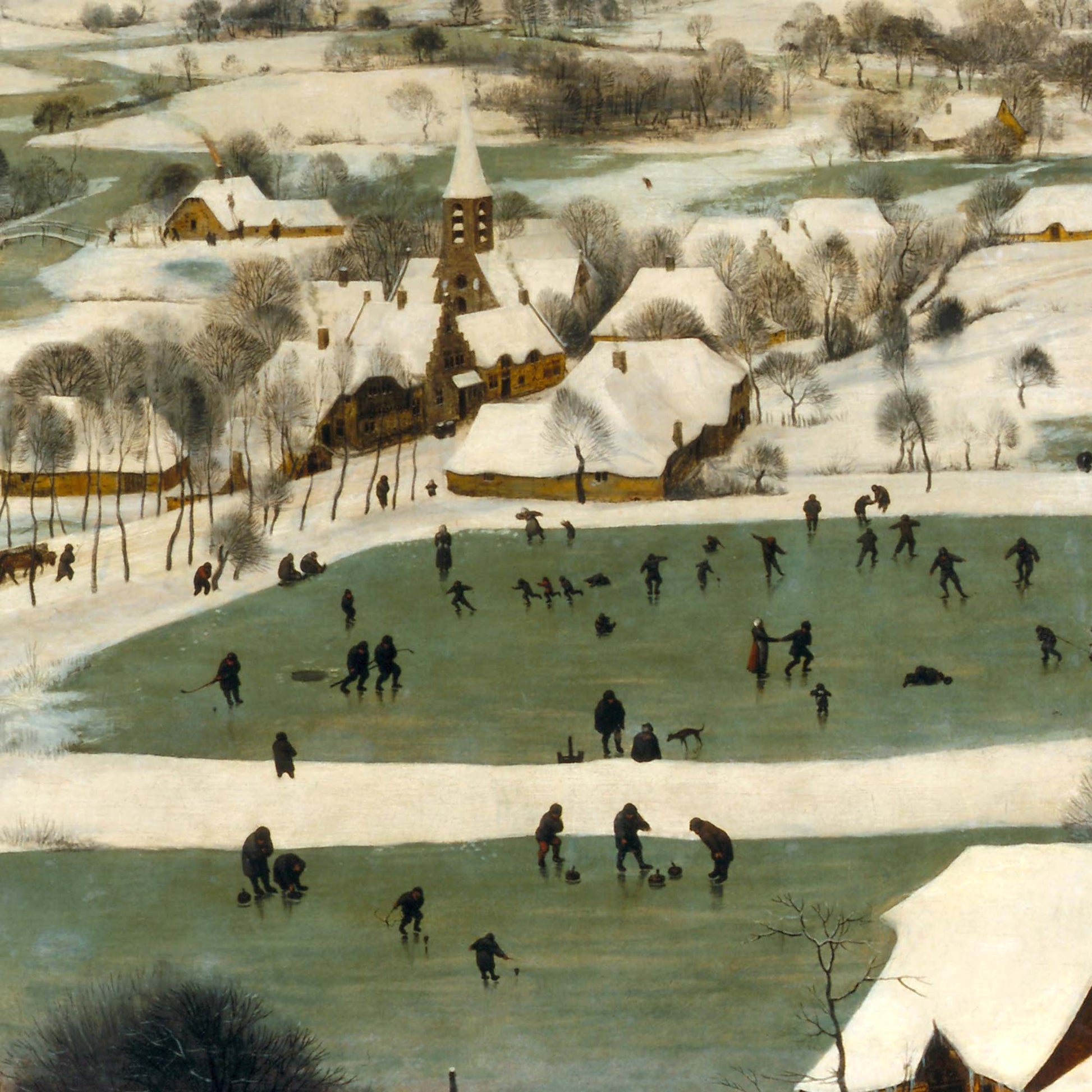 Villagers skating on a frozen pond near a church steeple—Bruegel winter village scene, “Hunters in the Snow” wall tapestry close-up.