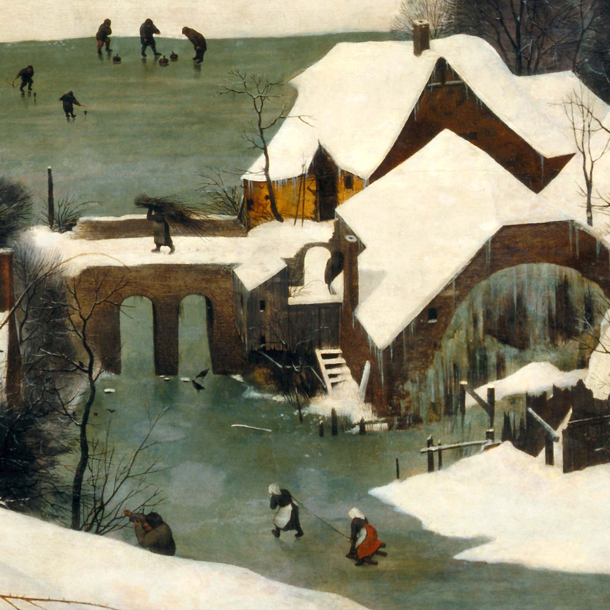 Stone bridge and watermill with icicles; figures crossing an icy stream—“Hunters in the Snow” by Bruegel, tapestry detail.