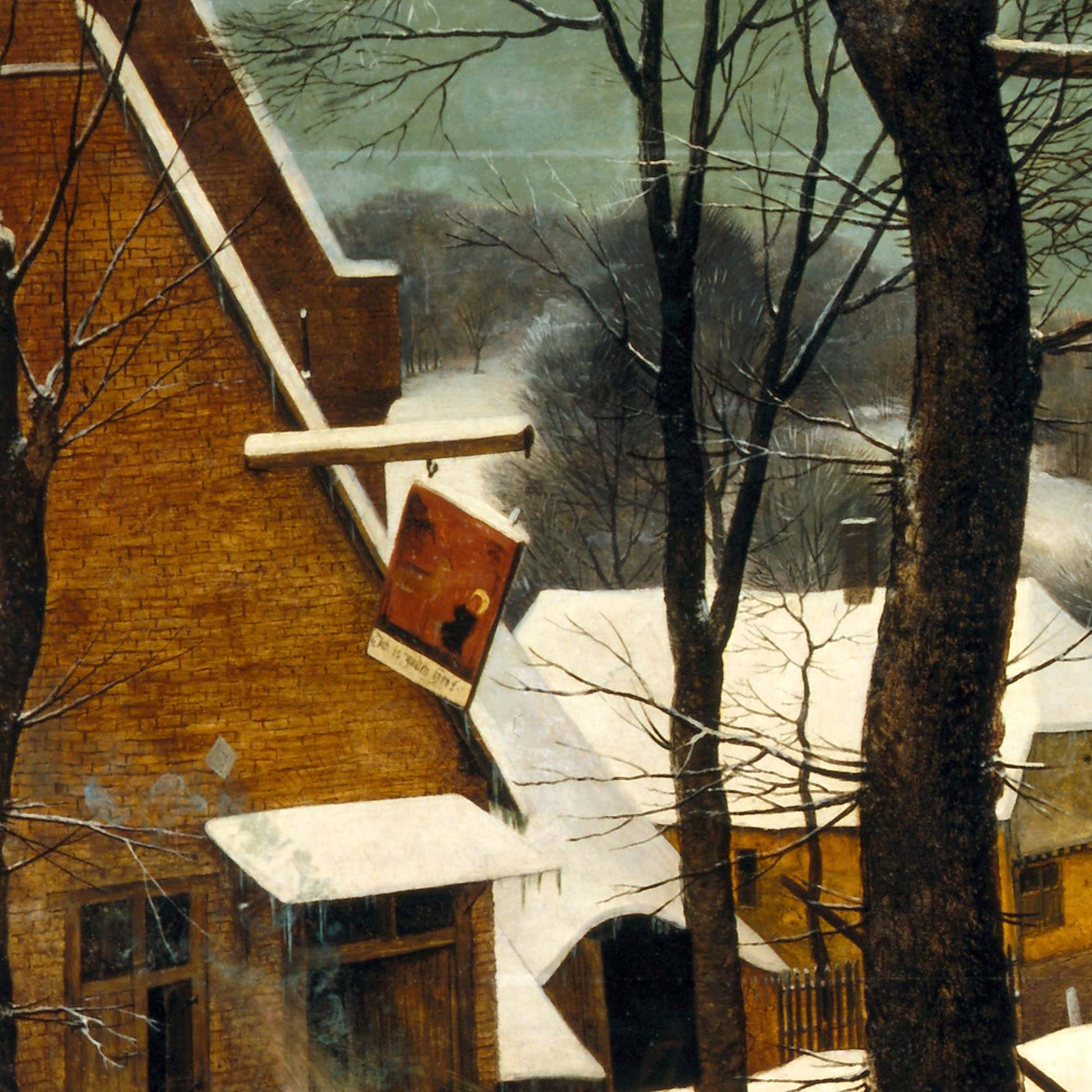 Village inn with hanging sign and snow-laden roofs framed by trees—Bruegel “Hunters in the Snow” tapestry detail.