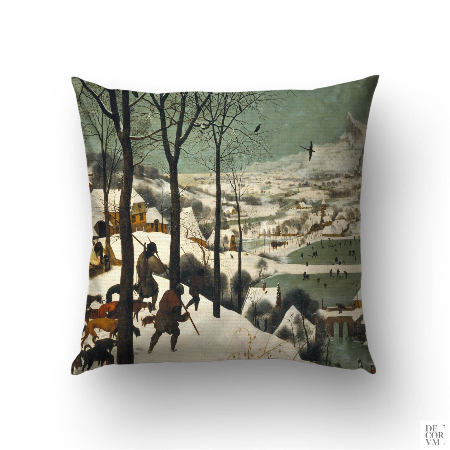 Bruegel “Hunters in the Snow” winter village design on a square throw pillow cover; serene sage and charcoal accent for sofa or bed.