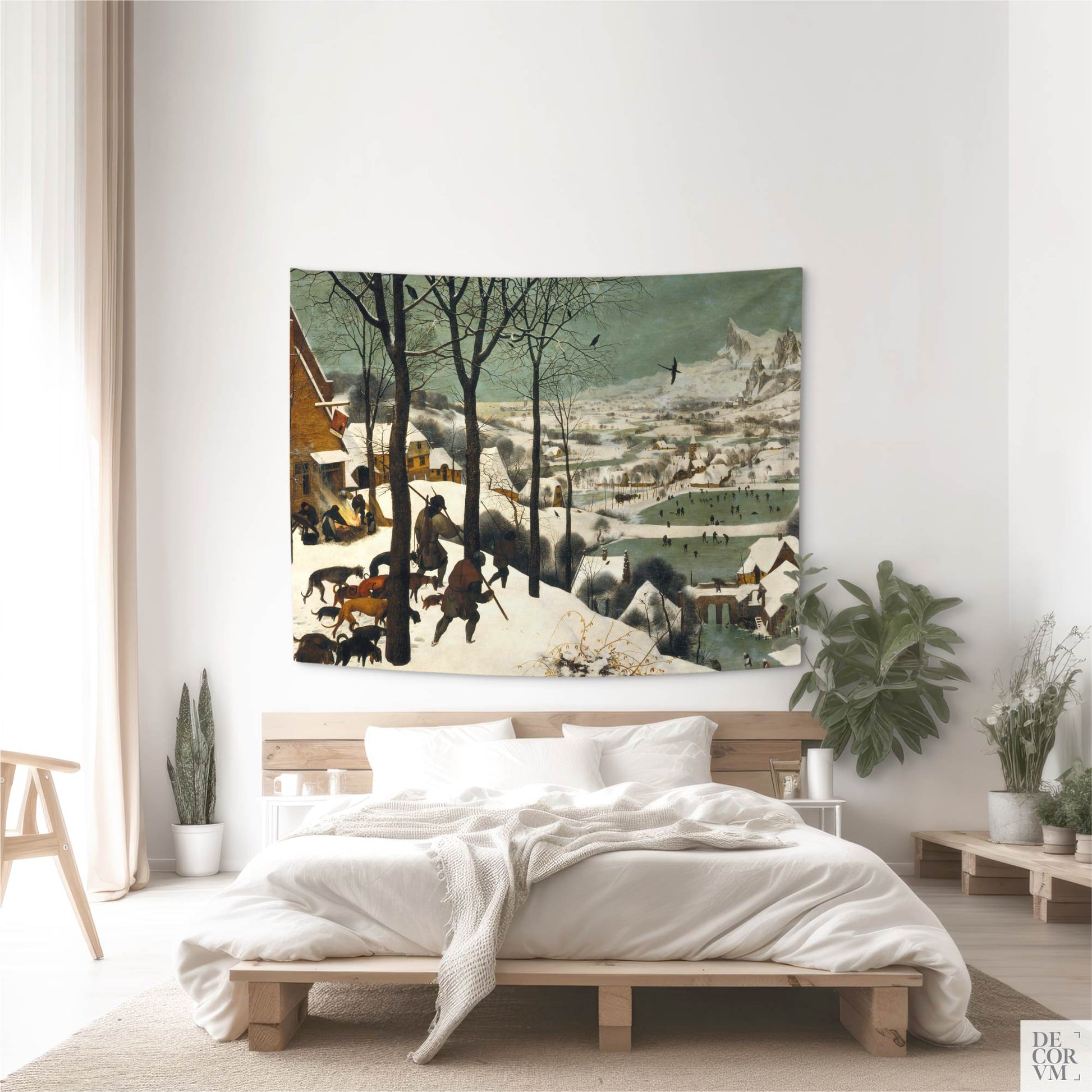 Bedroom with wood platform bed and Bruegel "Hunters in the Snow" tapestry in medium size; serene alpine village and skaters in the snow.
