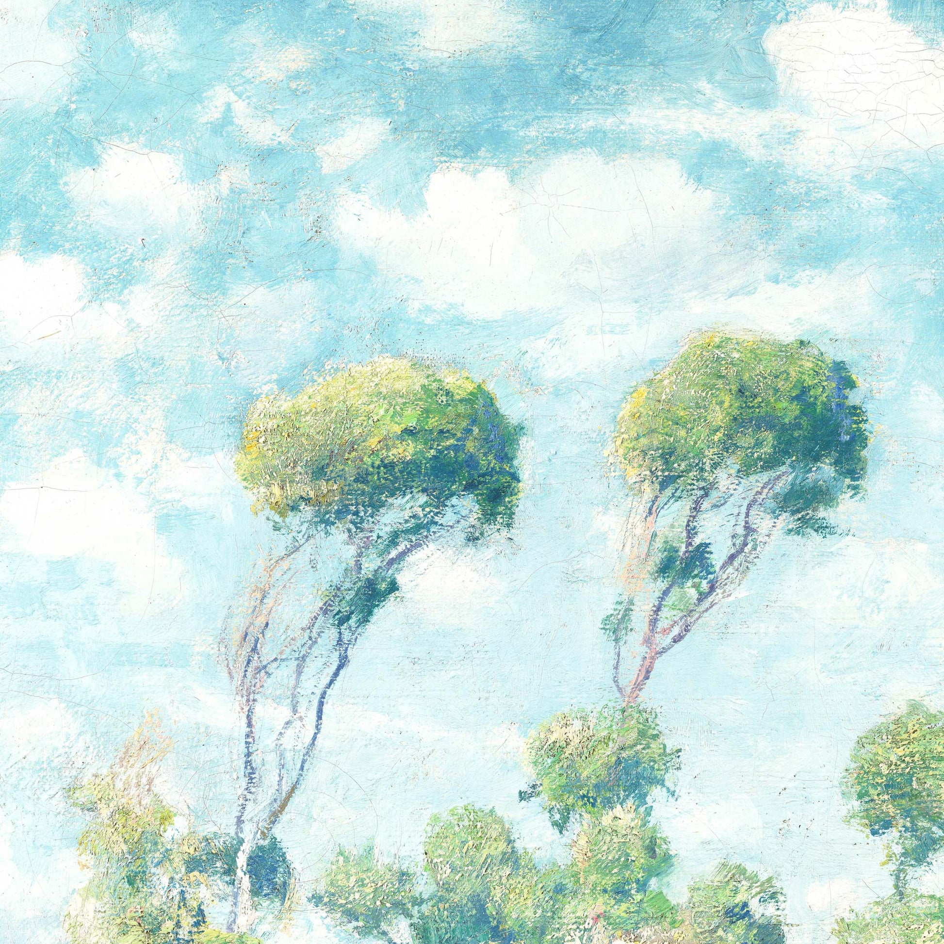 Eucalyptus coastal artwork detail — delicate brushwork in airy blue skies and slender wind-swept eucalyptus treetops in early 20th-century impressionist style