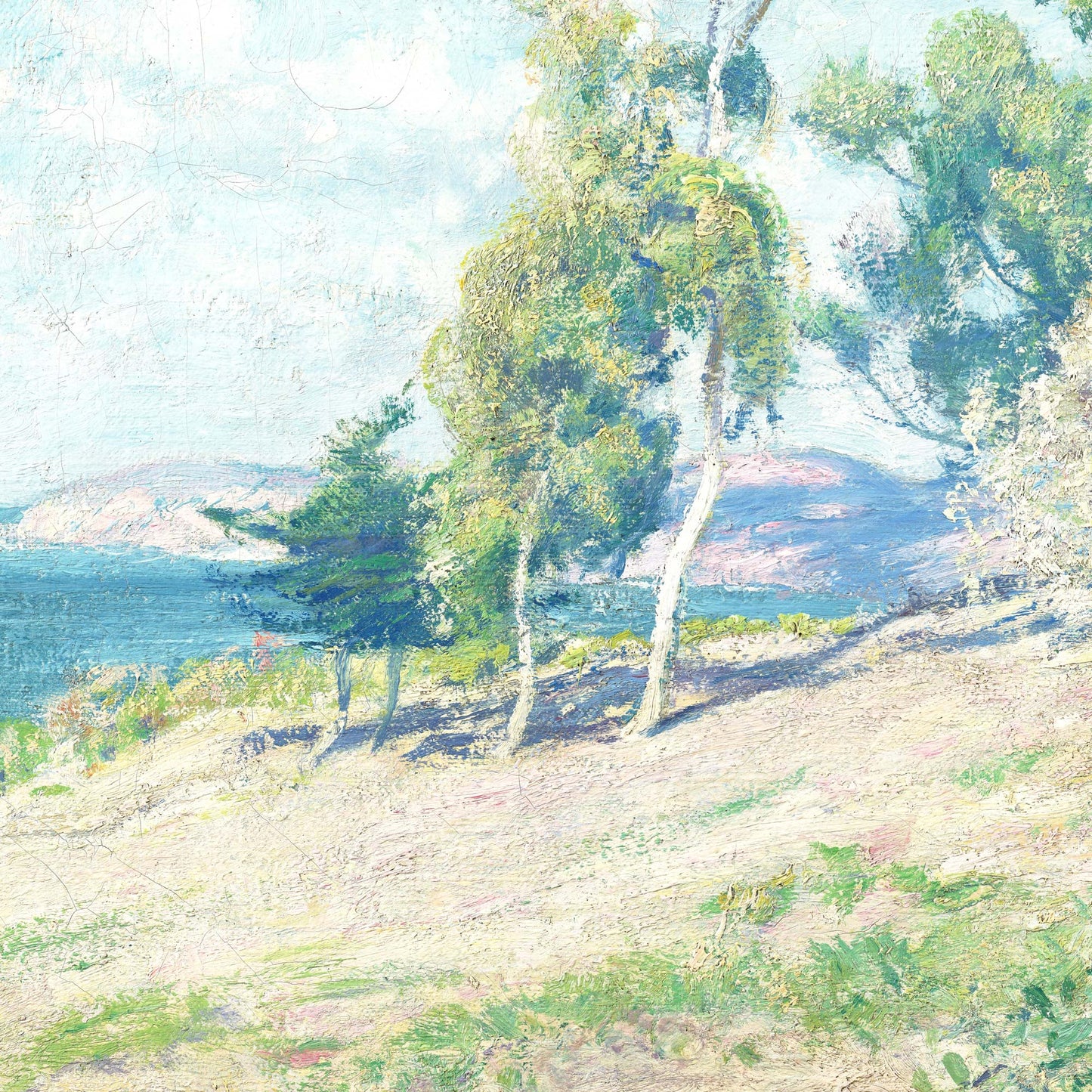 Eucalyptus coastal artwork detail — deep blue Pacific ocean, distant soft-hued mountains, and sun-drenched coastal bank with aged oil paint texture