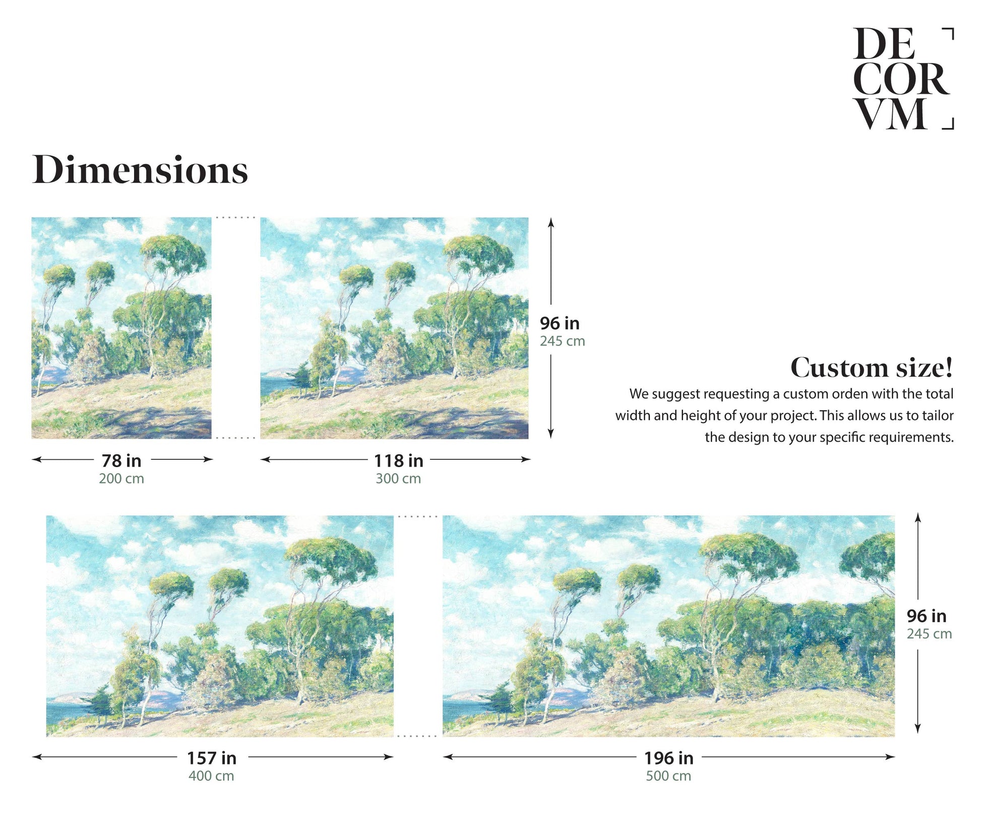 Eucalyptus coastal wallpaper mural dimensions guide — width and height sizing options for custom installation in home decor