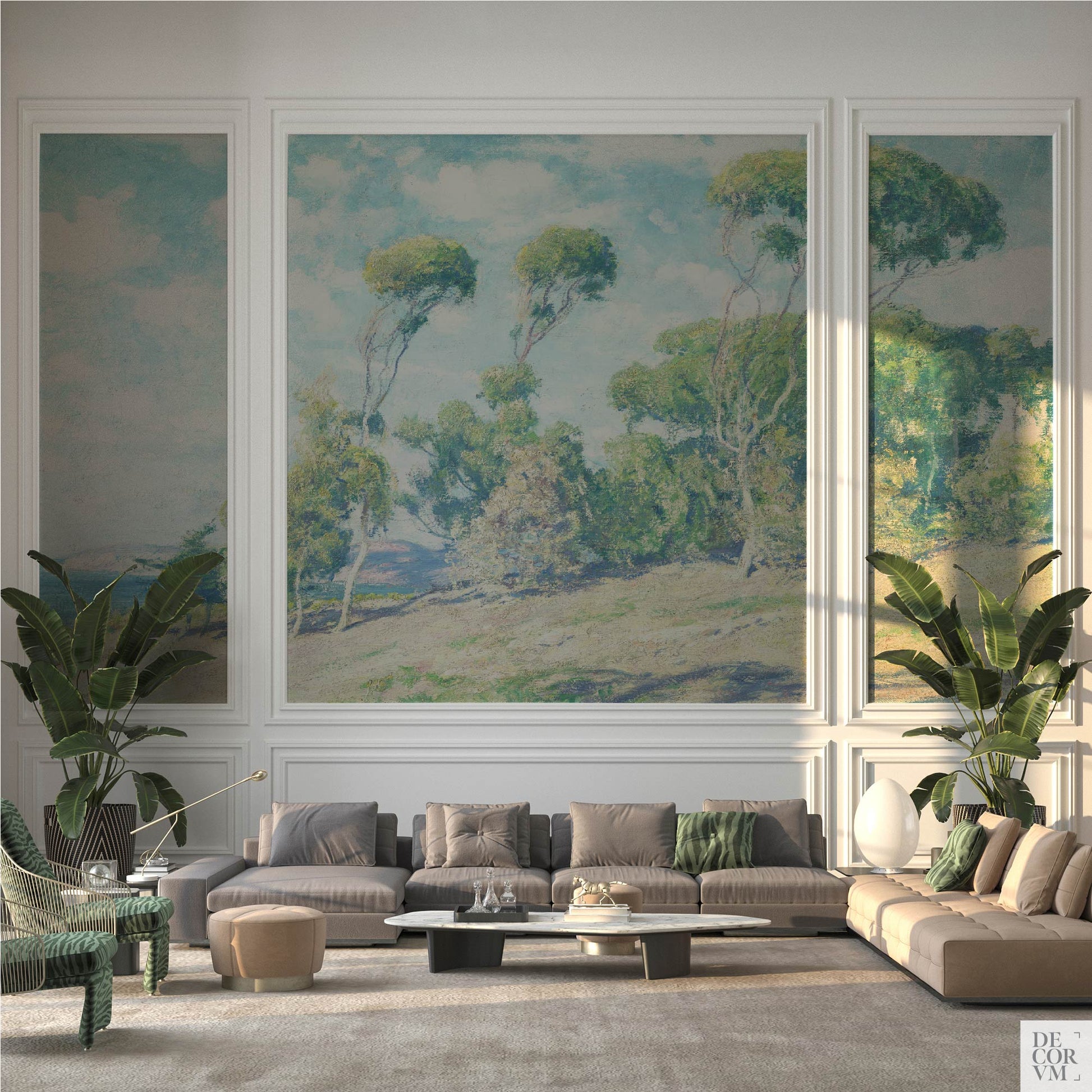 Eucalyptus coastal wallpaper mural in an elegant living room — California impressionist landscape framed within white wainscoting beside a modular sofa and greenery