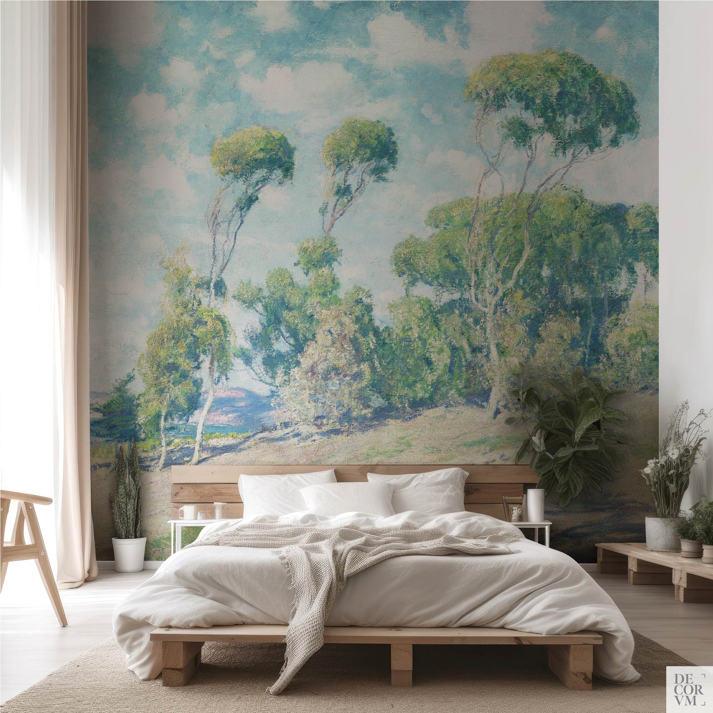 Eucalyptus coastal wallpaper mural in a relaxing bedroom — sun-drenched California impressionist scene with low wooden platform bed and sheer curtains