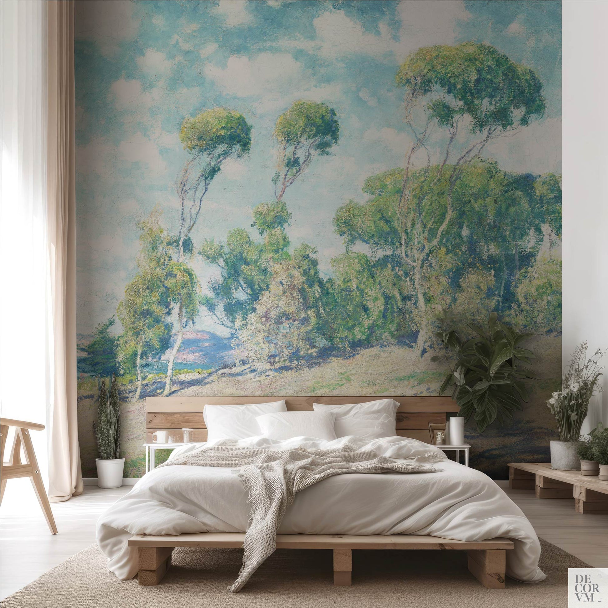 Eucalyptus coastal wallpaper mural in a relaxing bedroom — sun-drenched California impressionist scene with low wooden platform bed and sheer curtains
