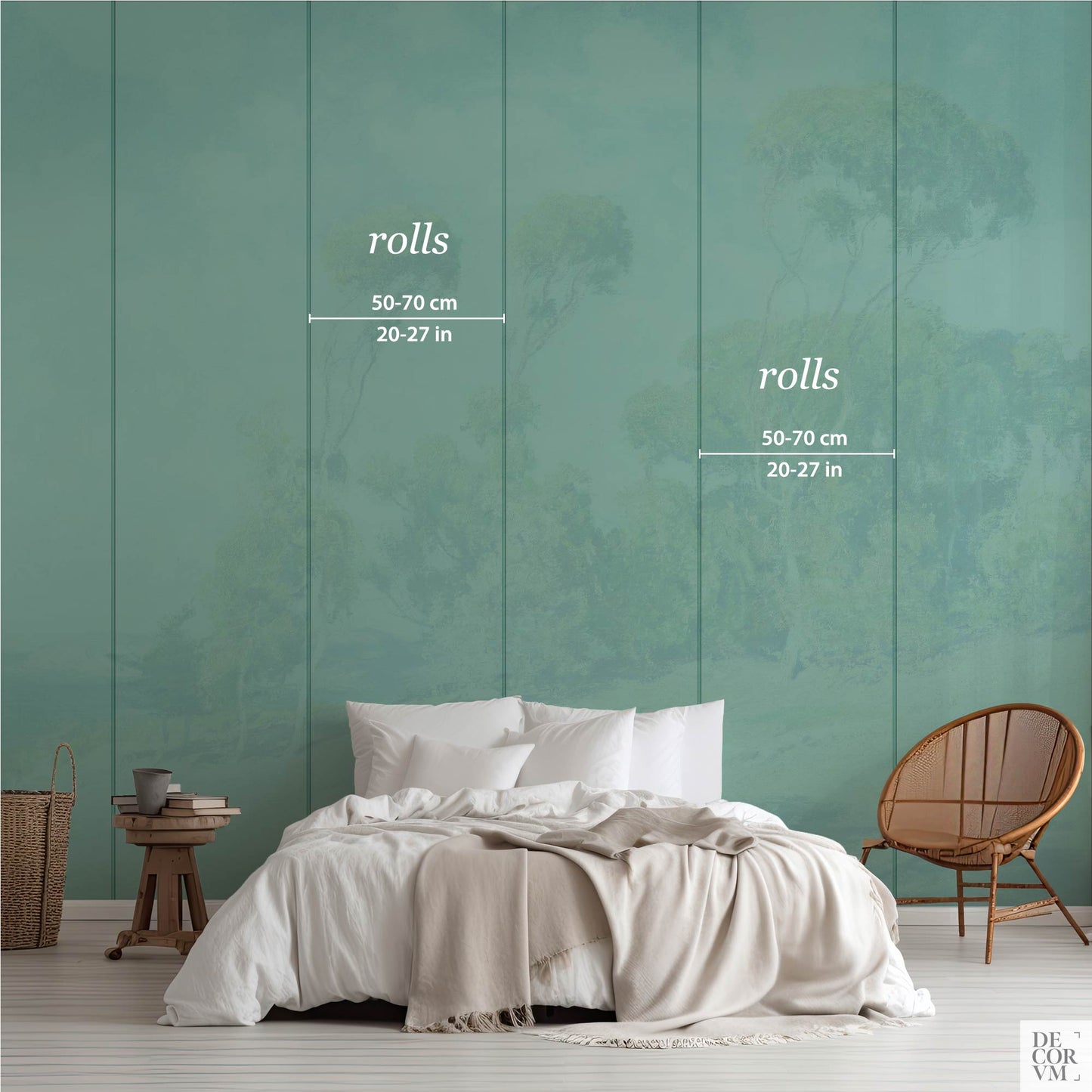 Eucalyptus coastal wallpaper mural installation preview — vertical roll seams, scale, and panel widths shown in a minimalist coastal bedroom setting