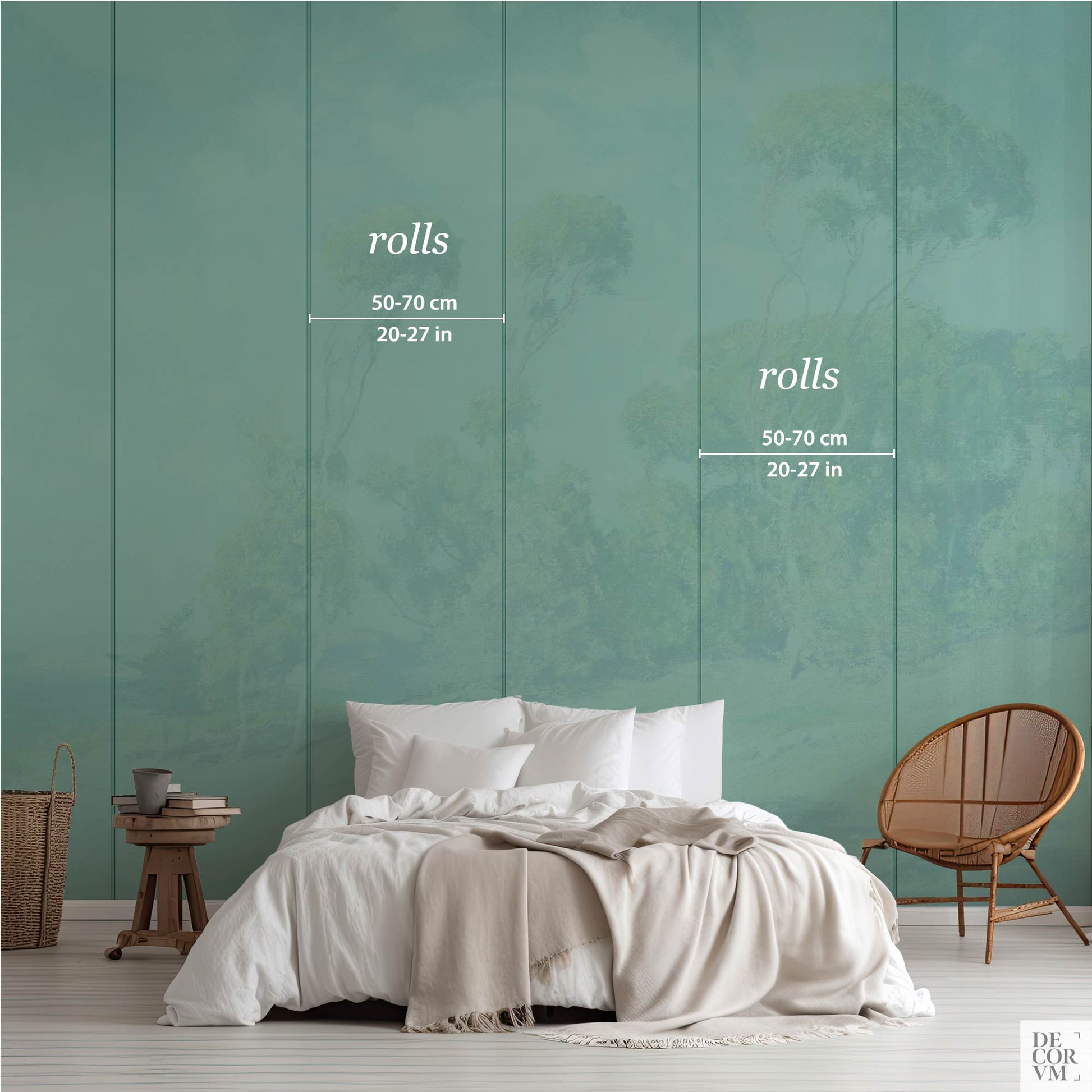 Eucalyptus coastal wallpaper mural installation preview — vertical roll seams, scale, and panel widths shown in a minimalist coastal bedroom setting