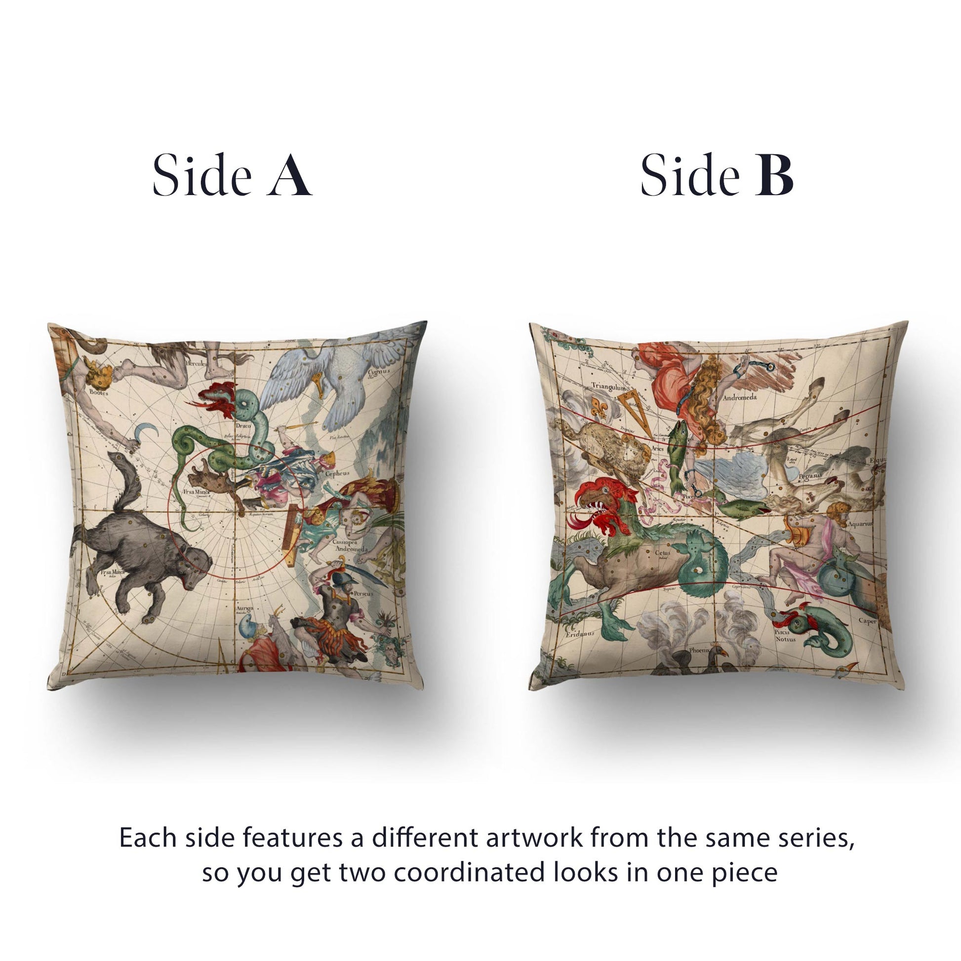 Reversible celestial map cushion cover displaying Side A with Ursa Major and Side B with Andromeda, showcasing two coordinated 17th-century historic star charts in one textile.
