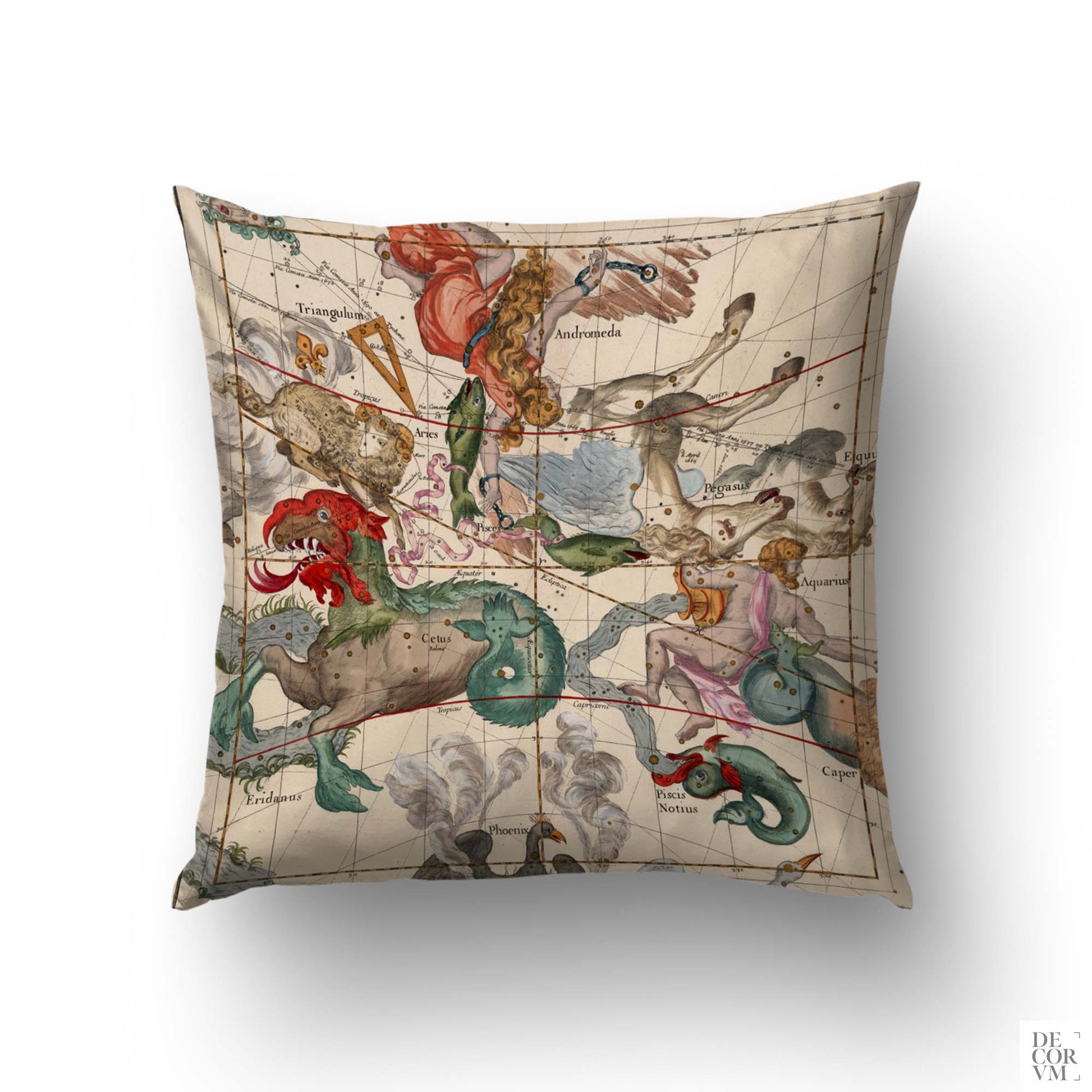 Square throw pillow cover highlighting a vintage 1693 star chart design with intricately illustrated Andromeda, Cetus, and Aquarius constellations in rich traditional hues.