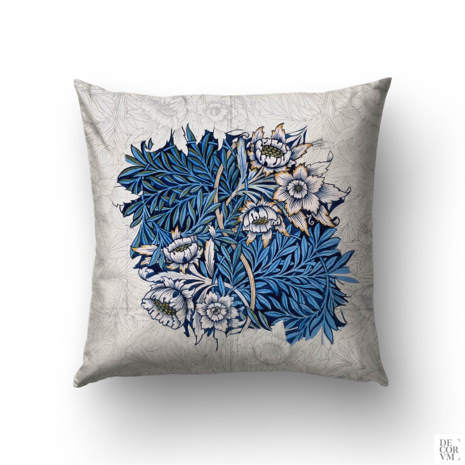 William Morris Tulip and Willow throw pillow cover on a sofa — 1873 Arts and Crafts pattern in cobalt blue and white by Decorvm.