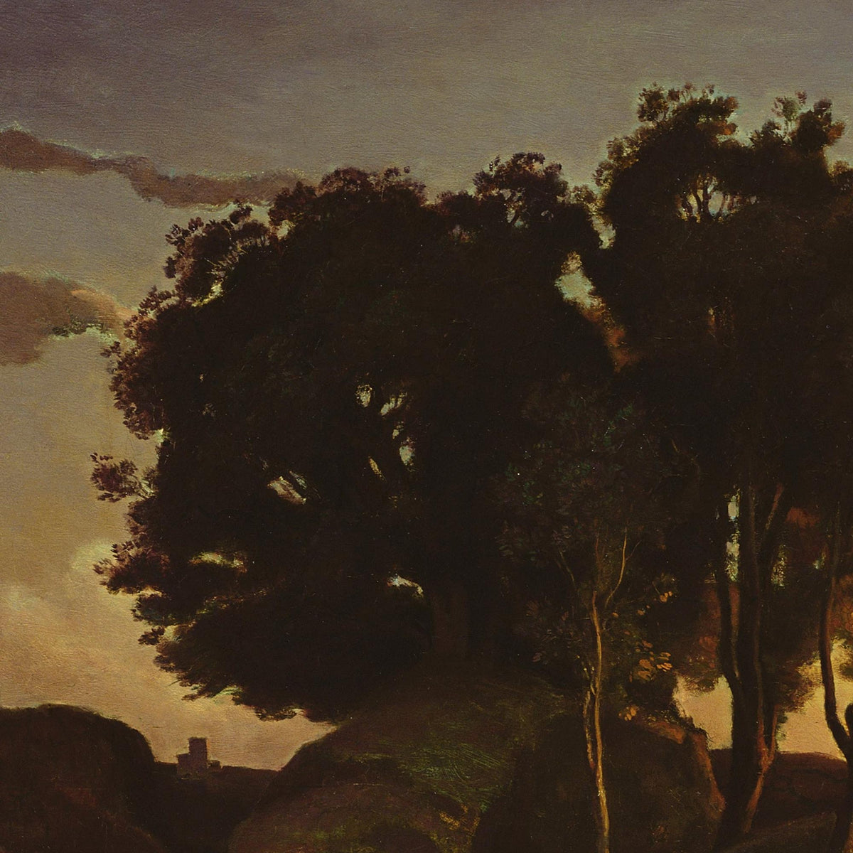 Detail of twilight landscape — dark silhouetted tree canopy against purple-gold sunset clouds with small hilltop structure