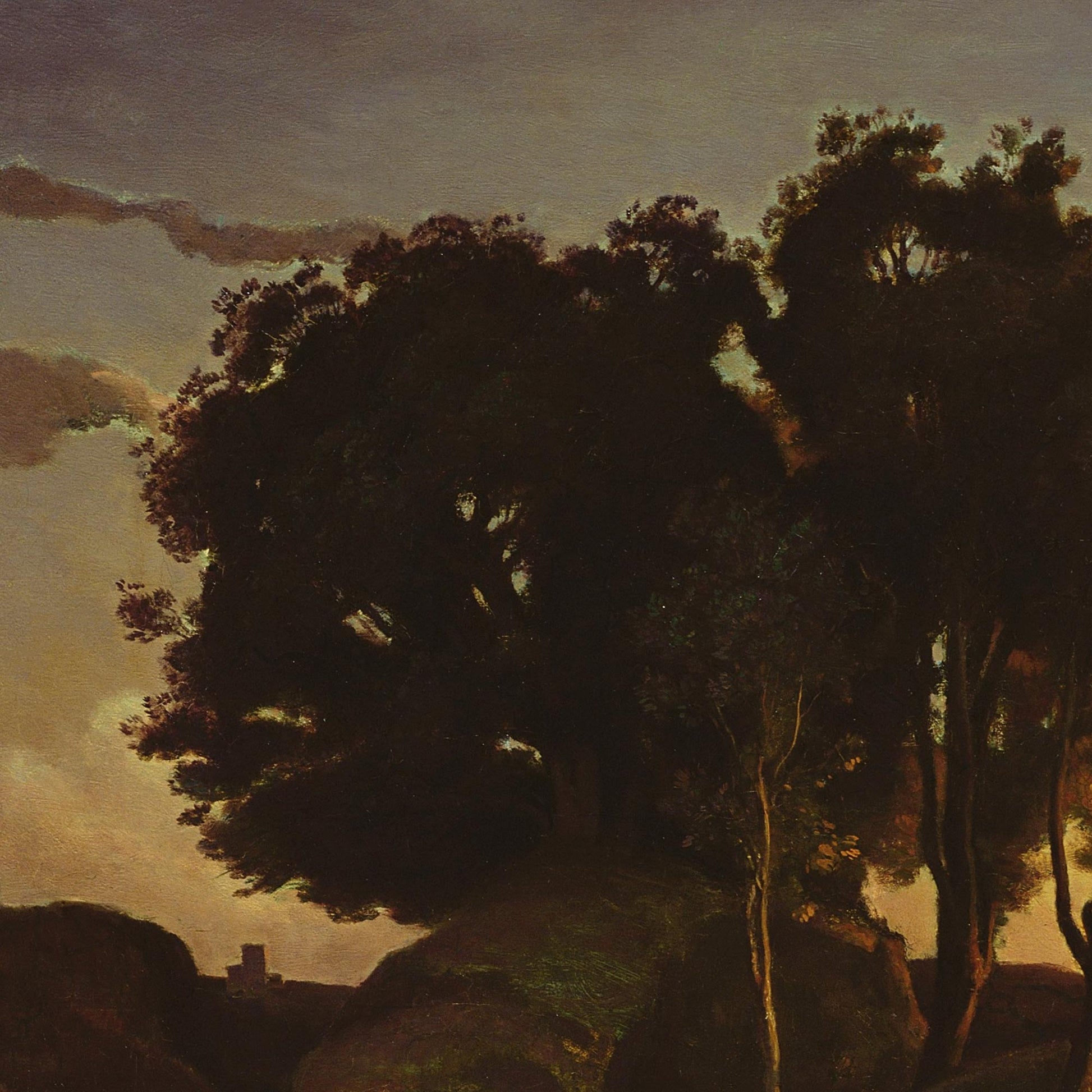 Detail of twilight landscape — dark silhouetted tree canopy against purple-gold sunset clouds with small hilltop structure