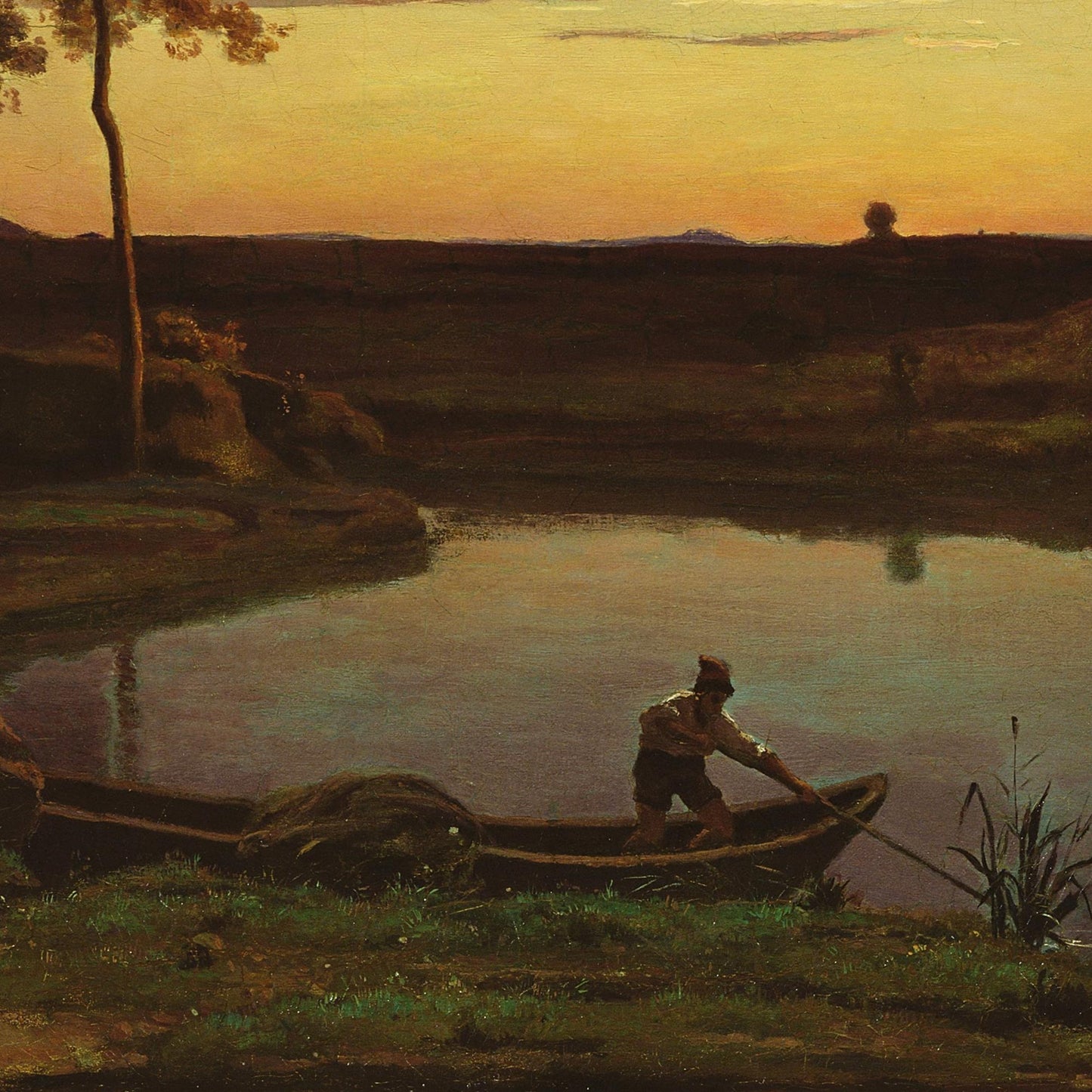 Detail of twilight lake — boatman pushing off from grassy shore on still reflective water at golden sunset with distant mountains