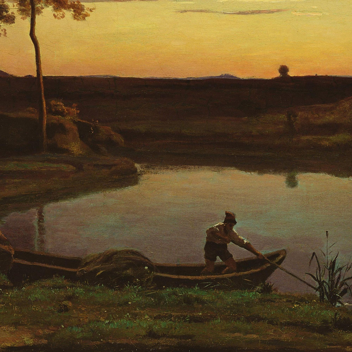 Detail of twilight lake — boatman pushing off from grassy shore on still reflective water at golden sunset with distant mountains