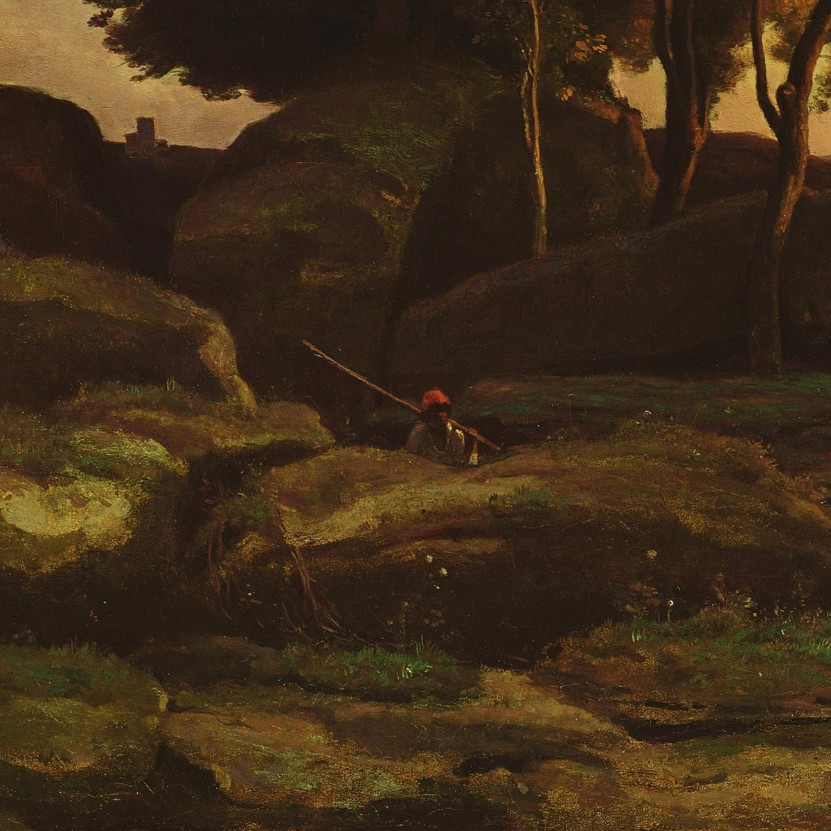 Detail of twilight landscape — seated fisherman in red cap with long pole among mossy rocks and dark tree trunks