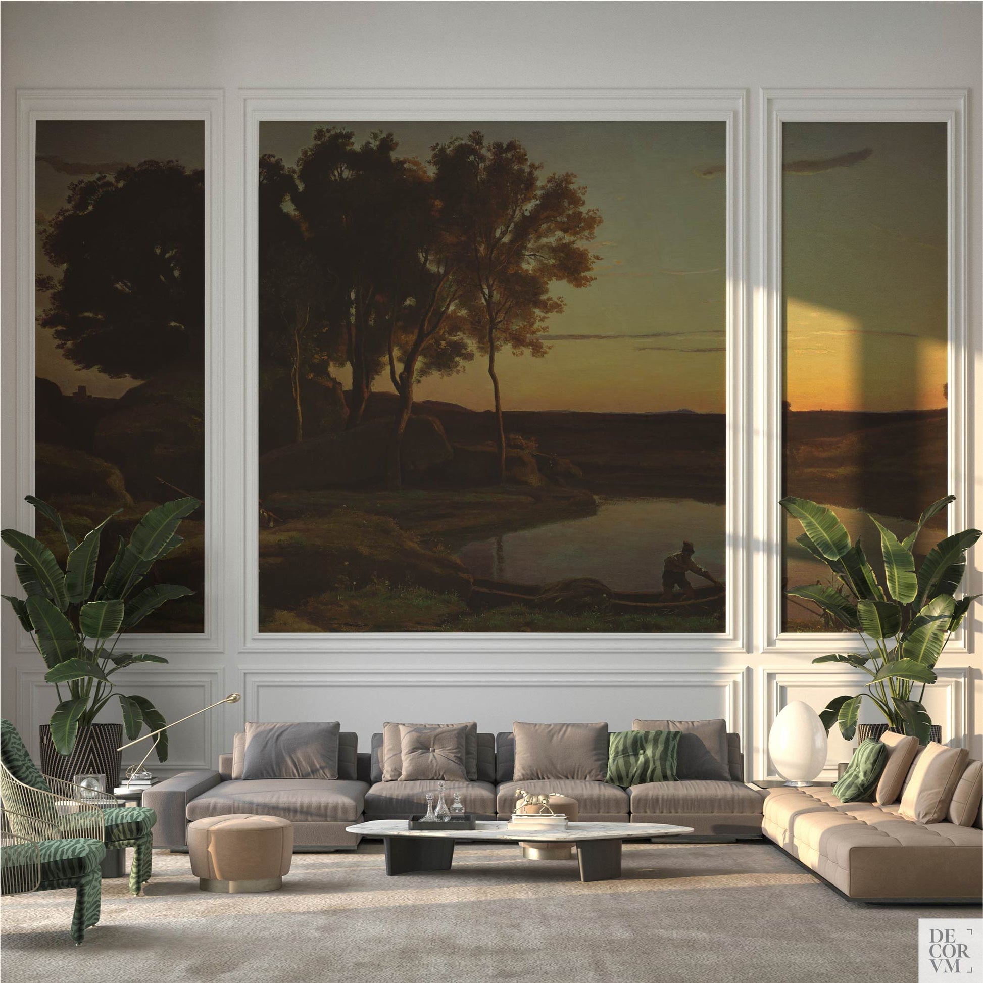 Corot twilight lake wallpaper mural displayed as three white-framed panels in an elegant living room with sectional sofas and tropical plants