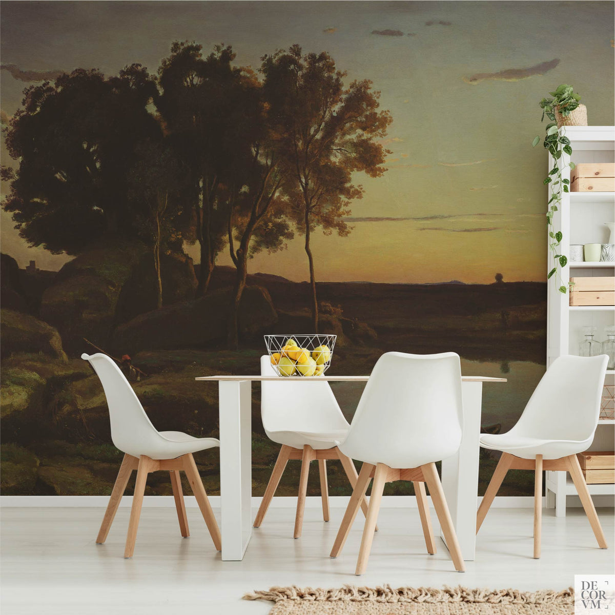 Corot twilight lake wallpaper mural in a dining room with white table, Scandinavian chairs, and open shelving with plants