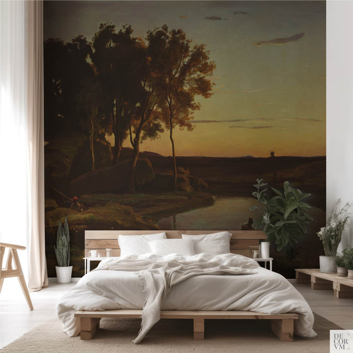 Corot twilight lake wallpaper mural as accent wall in a minimalist bedroom with wooden platform bed and white bedding
