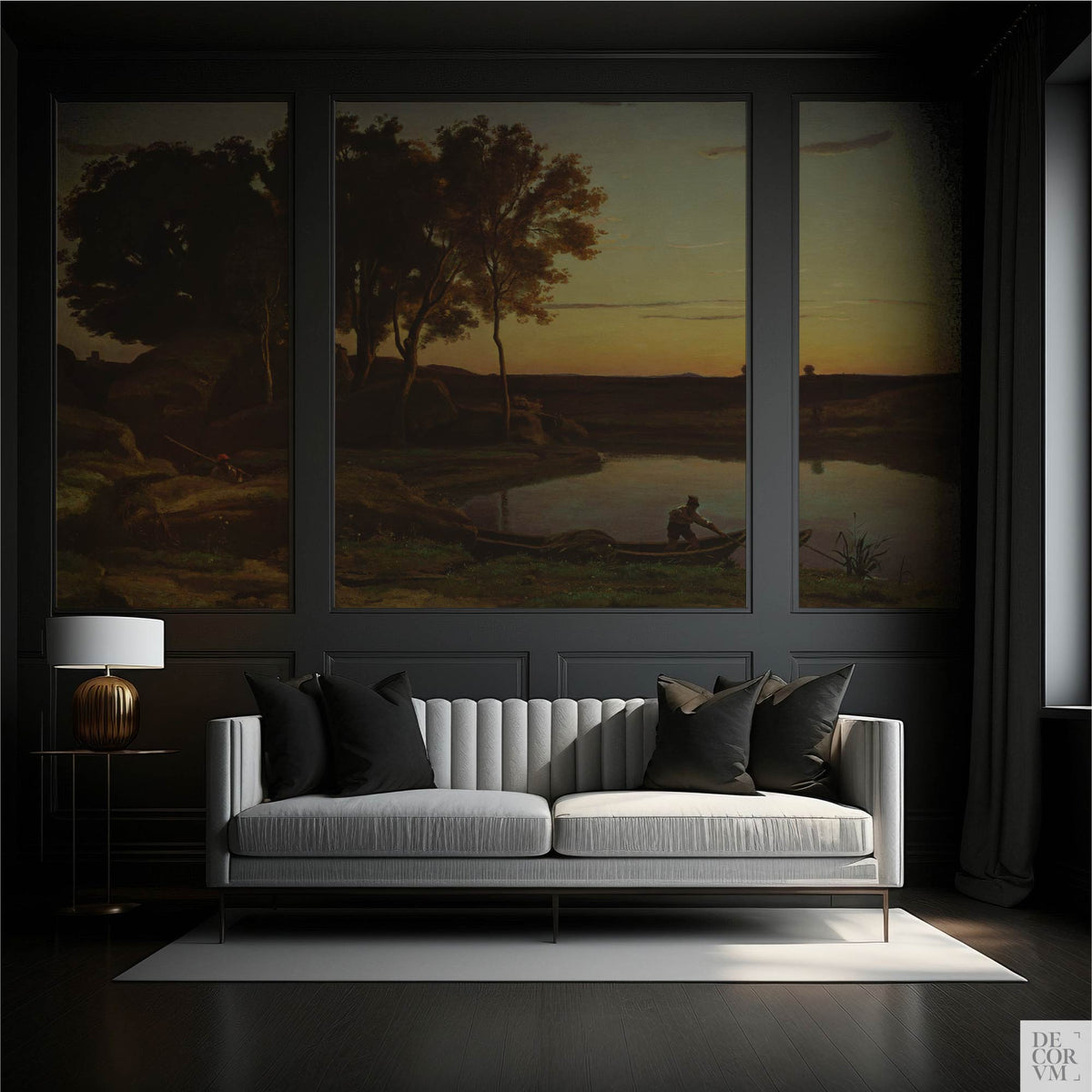 Corot twilight lake wallpaper mural in three dark-framed panels in a dark elegant living room with white channel-tufted sofa and brass lamp