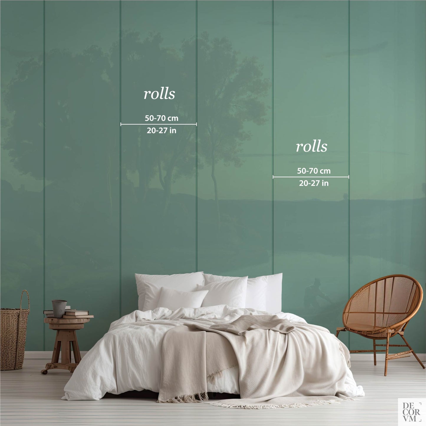 Corot twilight lake wallpaper mural roll dimensions showing 50–70 cm (20–27 in) width with teal overlay in a bedroom setting